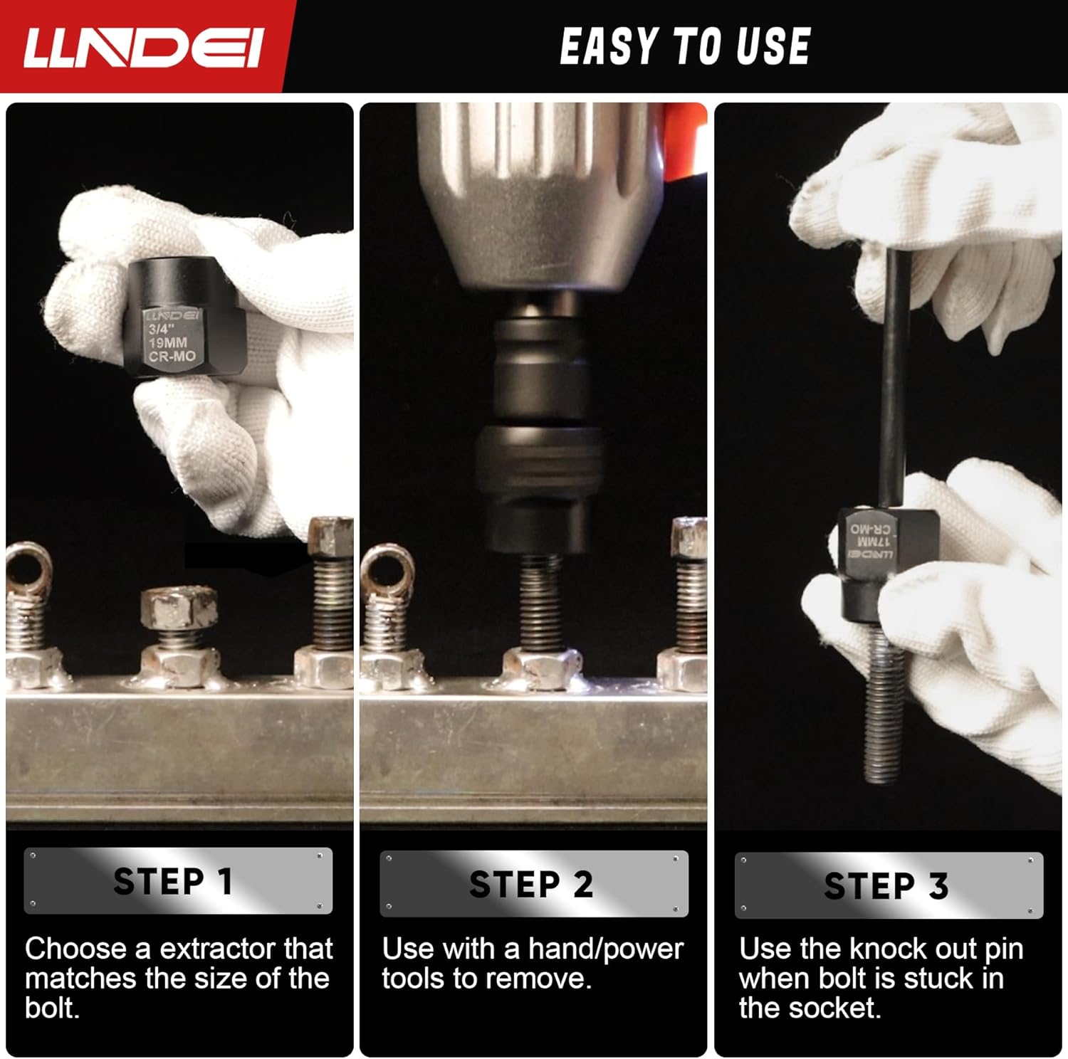 LLNDEI Bolt Extractor Kit, 15PCS Easy Out Stripped Lug Nut Removal Set with 3/8-Inch Drive, Heavy Duty CR-MO Steel with Adapter, Professional Mechanic Tools for Removing Broken Nut and Bolt