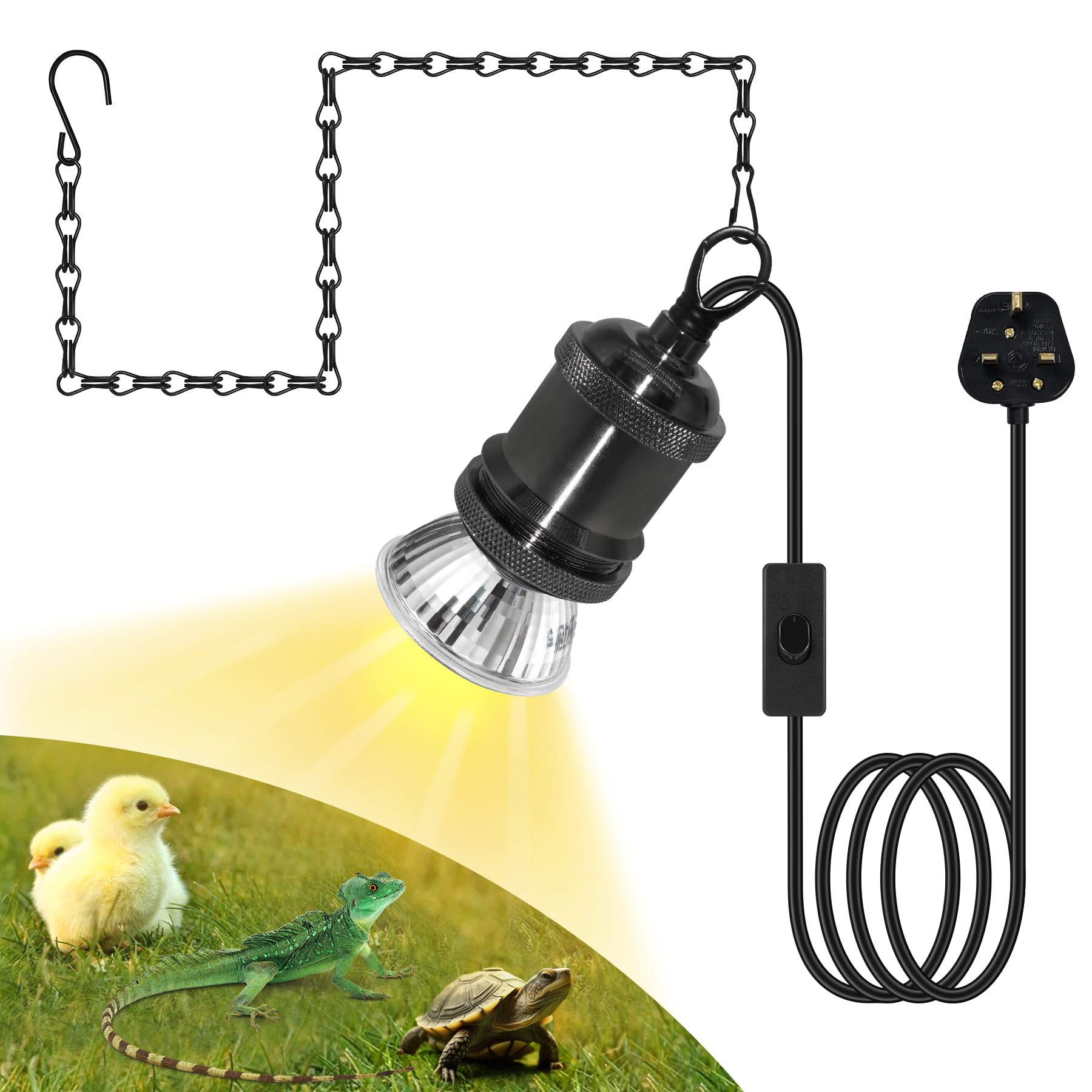 ZRLXFM E27 Reptile Ceramic Heat Lamp Holder, Terrarium Heater with 39" Hanging Chain & 280CM Cable, Plug in Heat Light for Tortoise, Lizard, Snake, Spider, Chick Pets (Bulb Not Included)
