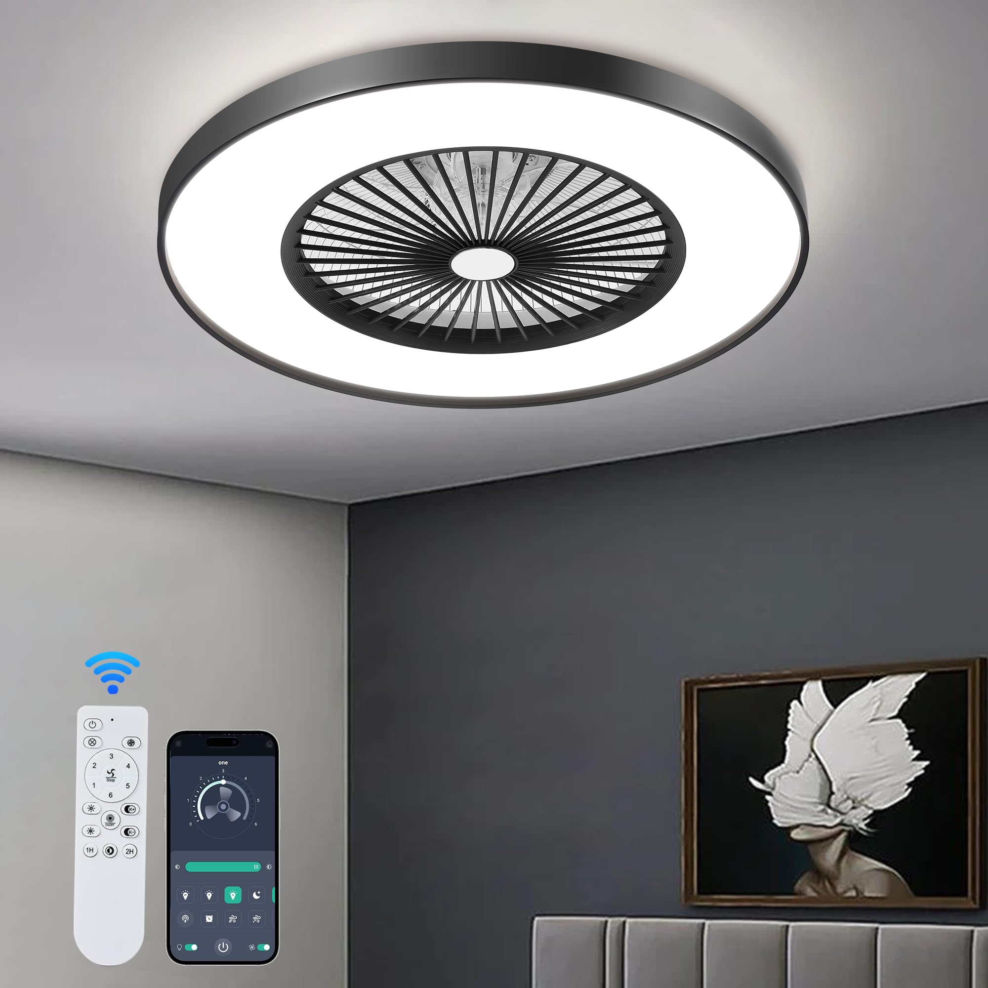 24" Bladeless Ceiling Fan with Light, Low Profile Ceiling Fan, Modern Flush Mount Ceiling Fan with Remote & APP Control, Enclosed Ceiling Fan LED Dimmable Lighting Black