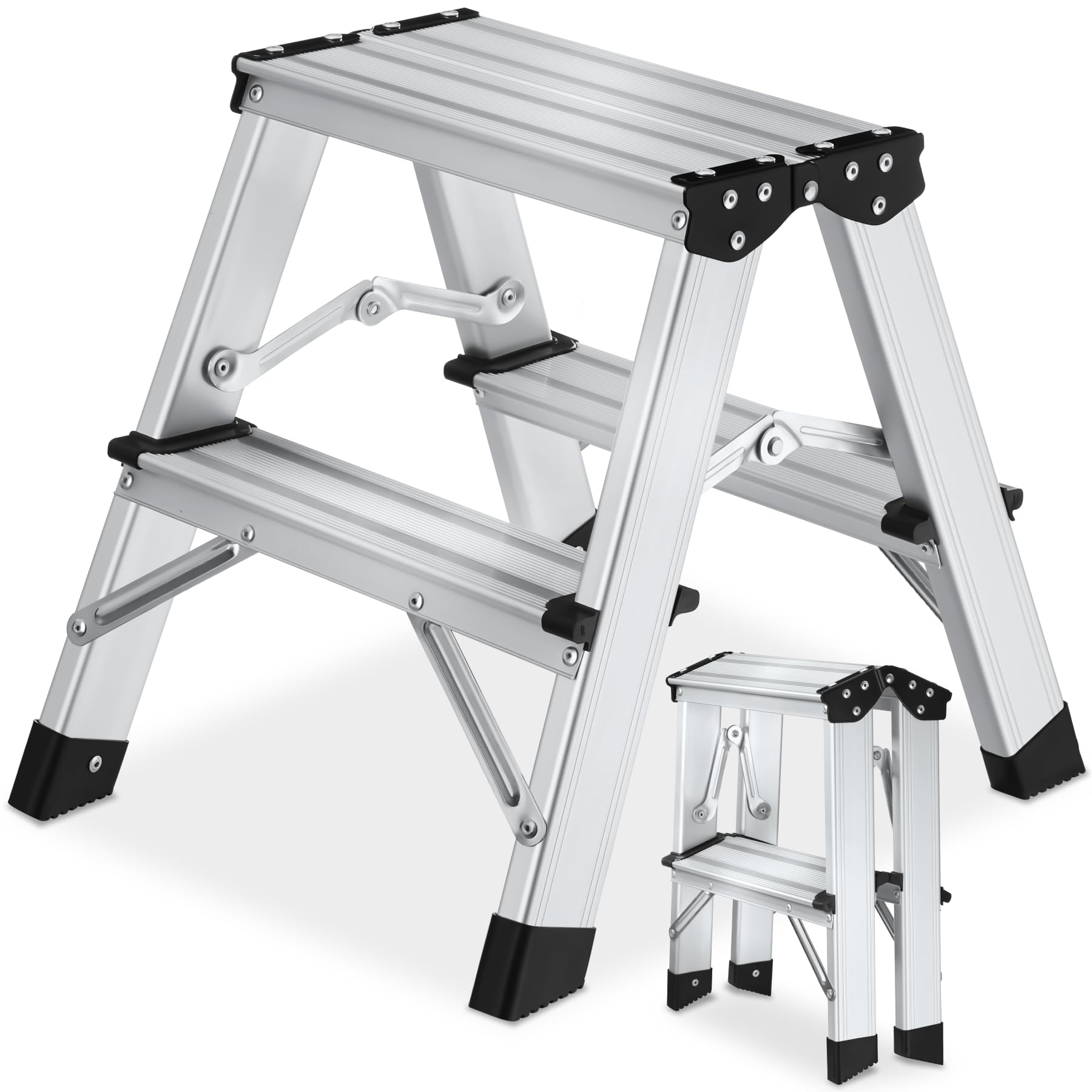 tectake® 2-Step Ladder in Durable & Lightweight Aluminium, Double-Sided Folding Ladder, 150 kg Capacity, Aluminium Step Ladder with Ribbed Steps & Non-Slip Feet, Foldable for Storage & Transport