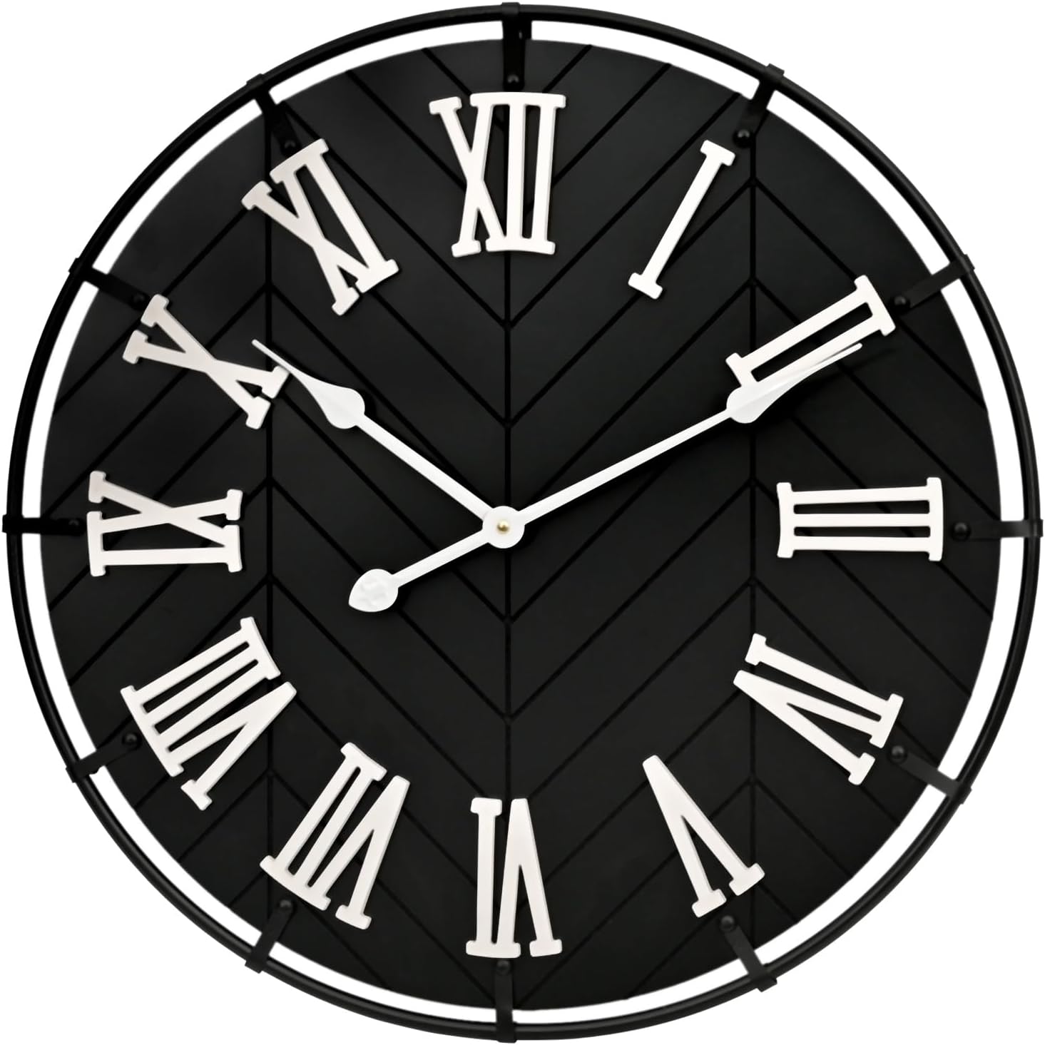 EMAX Large Wooden Wall Clock – Extra Large FarmhouseWall Clock with 3D Roman Numerals & Herringbone Splicing, Black Modern Wood Wall Clock for Living Room