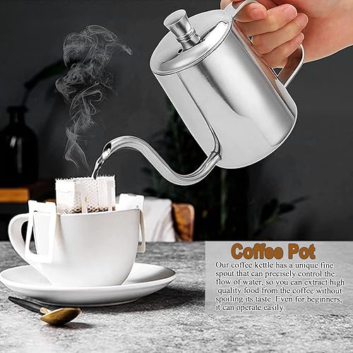 Miniatura 2 de Cafetera pequeña de 11.8 fl oz, hervidor de café manual de acero inoxidable con tapa para uso doméstico de café (plateado)