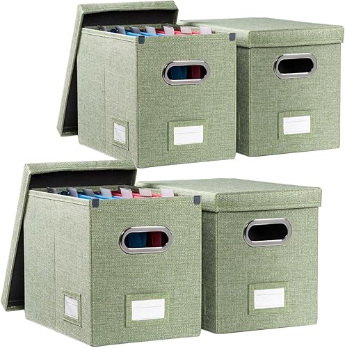 Miniatura 59 de PRANDOM Caja organizadora de archivos, juego de 4 carpetas plegables decorativas de lino para almacenamiento de archivos colgantes con tapas, Gris