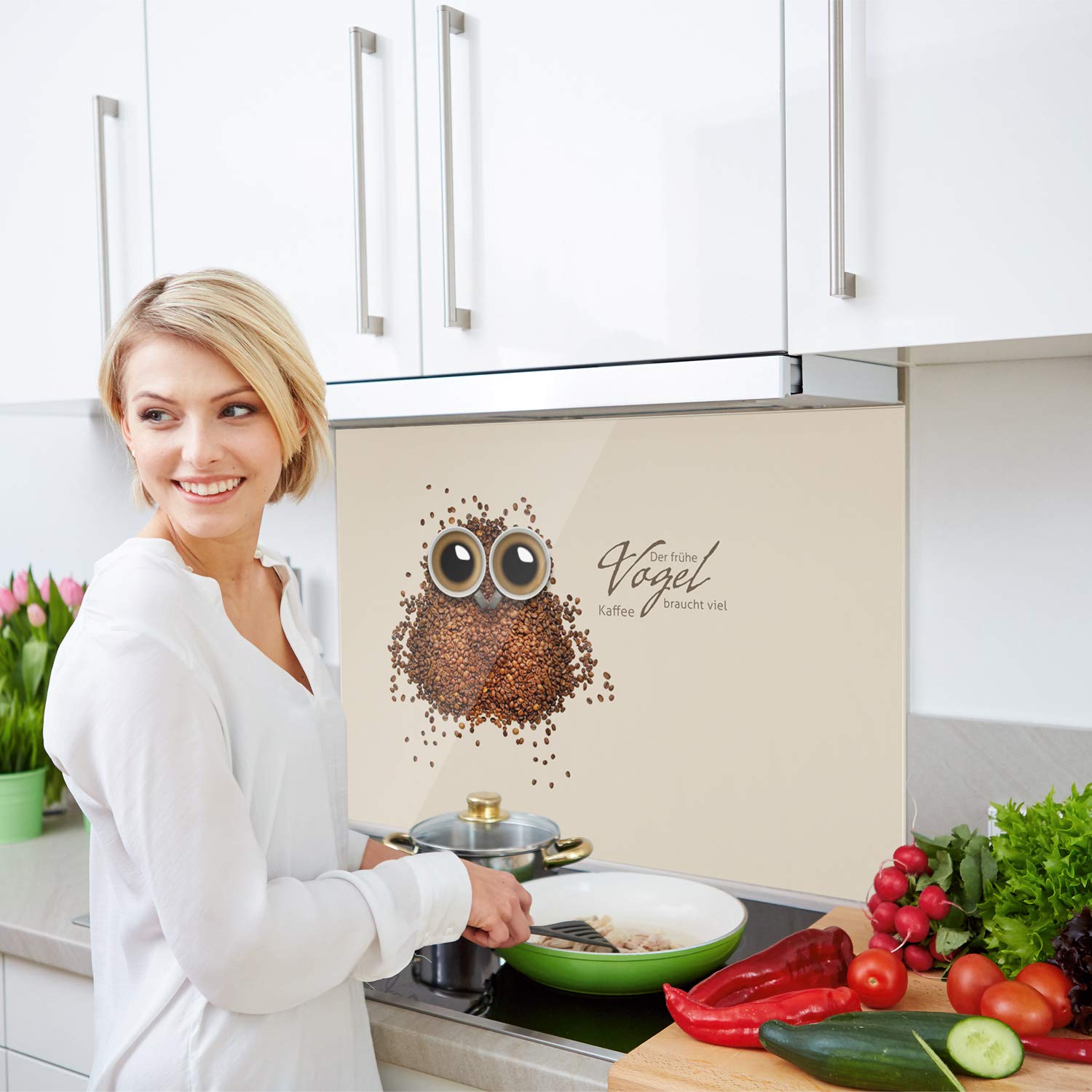 GRAZDesign Küchenrückwand Glas Sprüche Kaffee Lustig Spritzschutz Herd | Druck hinter Glas | Bild Motiv braun Rückwand Küche, Glasplatte mit Motiv Küchenmotive, 80x50cm