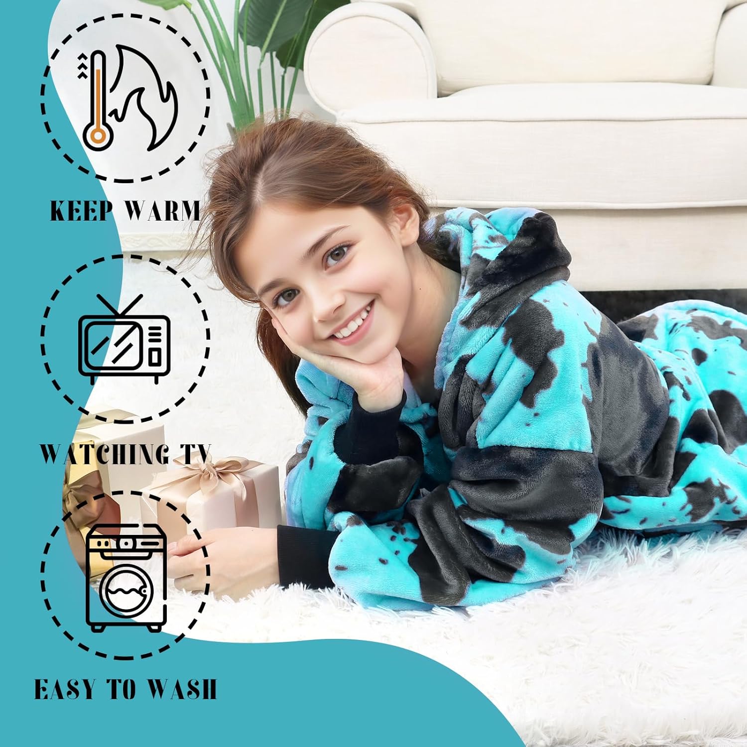 Teal Wearable Blanket Hoodies for Teens - Oversized Turquoise Flannel Fleece Sweatshirt Blanket with Pocket, Teal Blue Gifts for Boys Girls 6-13 Year Birthday - Image 4
