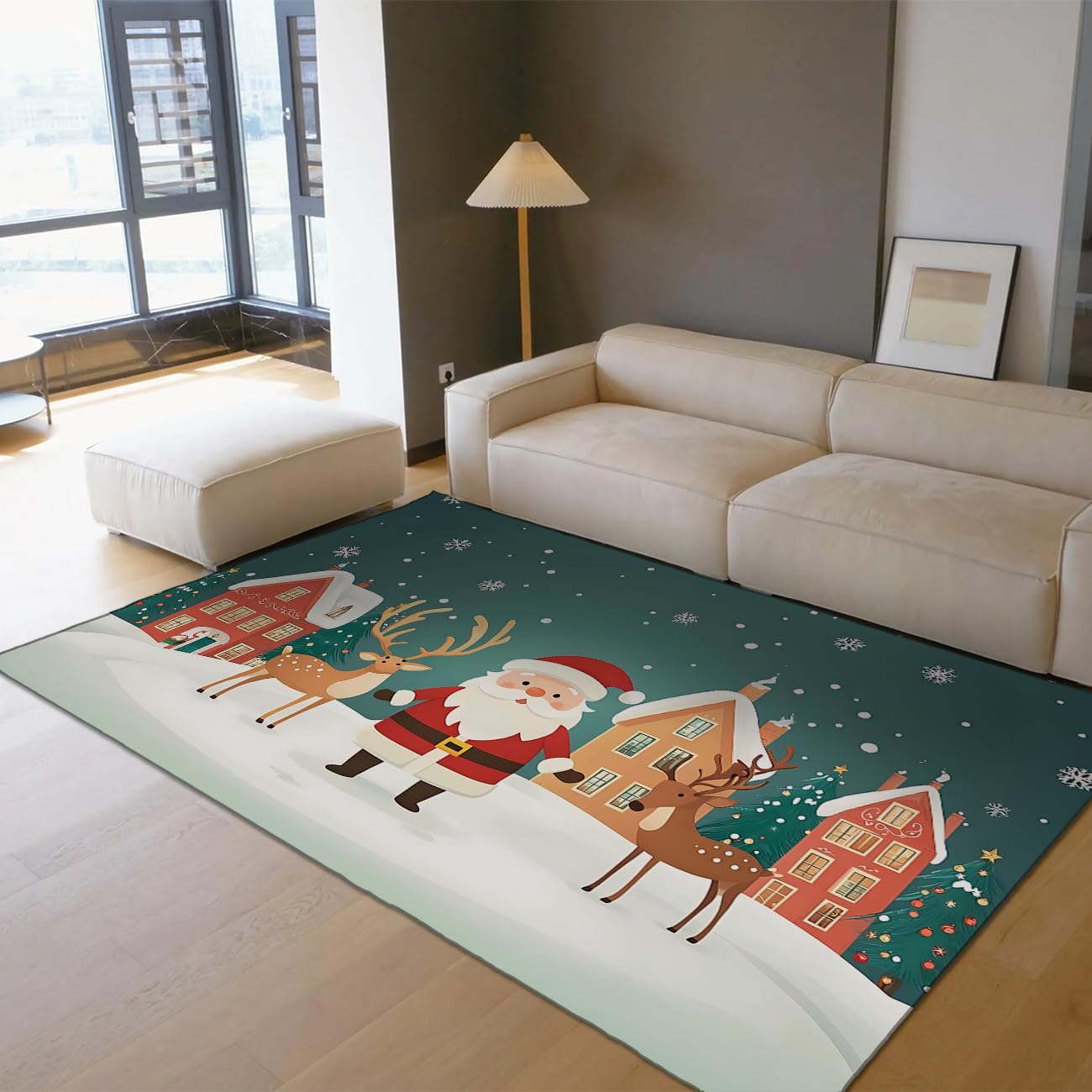 Winter Village 140x200cm Santa and Renifer Area Rugs With Print Rug Low Hair Decor Christmas Washable Soft for Bedroom Entry Room Nursery
