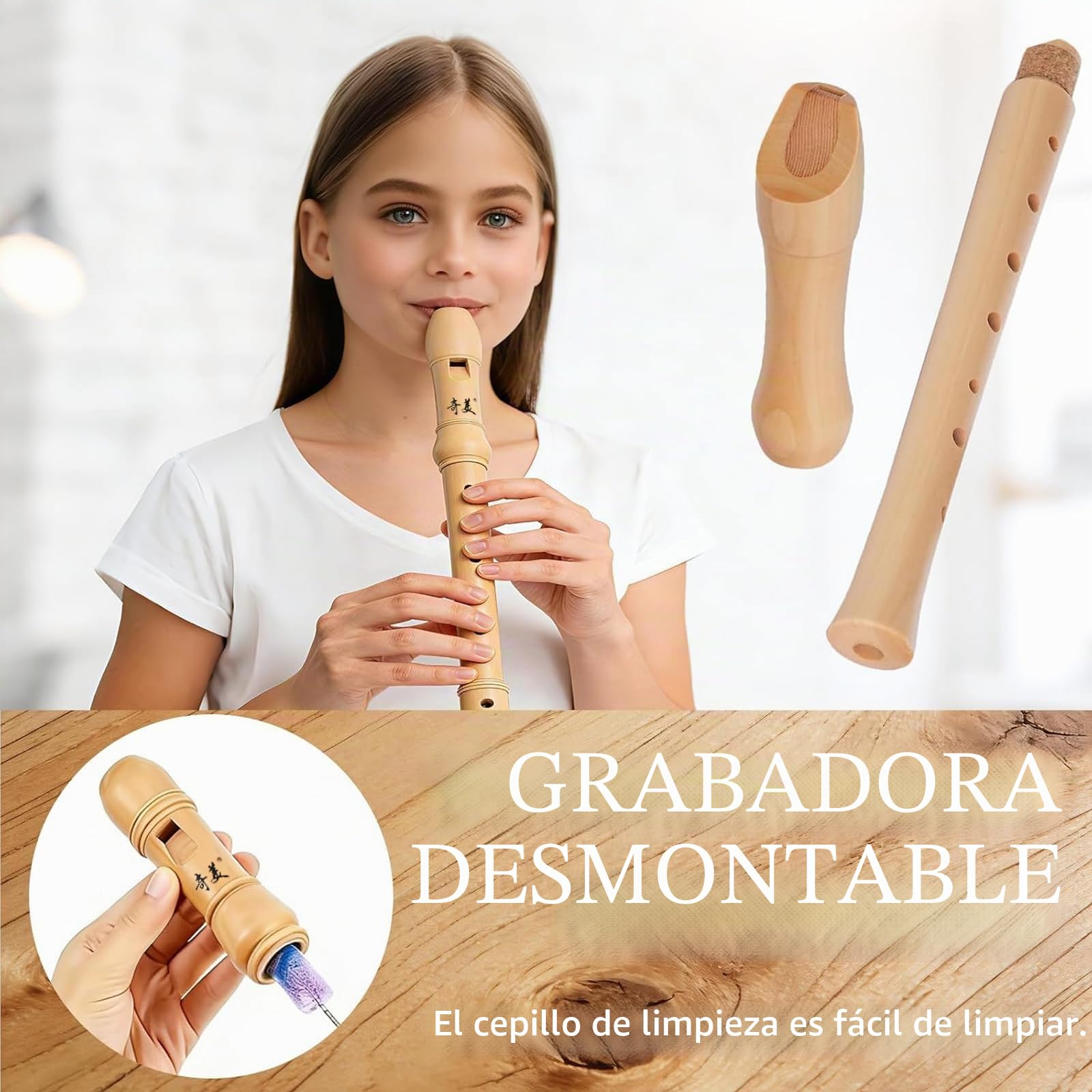 Flauta Dulce Soprano de Madera, Flautas Escolar Principiantes de 8 Orificios Diseño Desmontable, Flauta Madera con Funda Escolar y Limpiador Escolar, Barroco Digitación