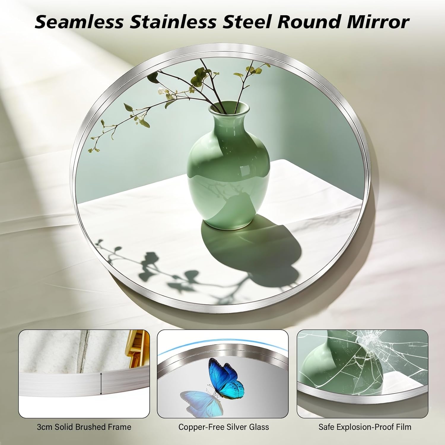 28-Inch Brushed Nickel Silver Wall Mounted Round Mirror, Glass Panel Circle Deep Set Design Stainless Steel Framed for Bathroom, Entryways, Living Rooms