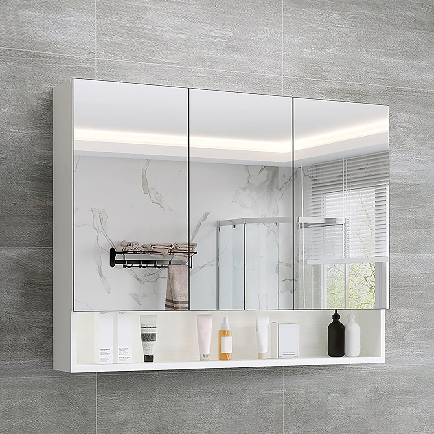 CLIPOP Armarios con Espejo para Baño, Montado en la Pared, 3 Puertas Armario de Baño con Estante Abierto y Estantes Ajustables, Armarios con Espejo for Dormitorio, Sala de Estar