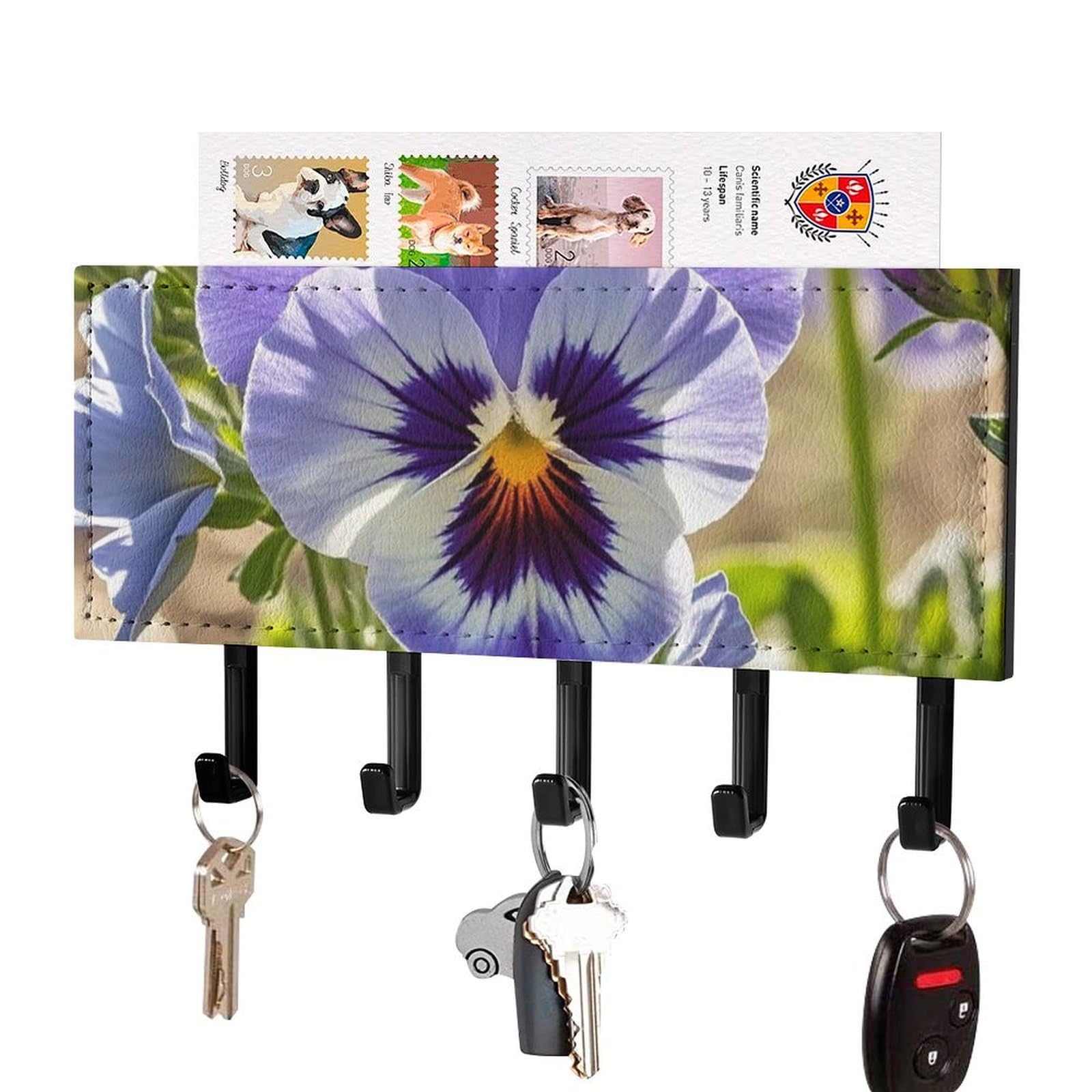 FekiLoot Pansy Perfection Key Holder Wall Mount Key Hanger with 5 Hooks Decorative Key Rack Hanging Key Hooks with Mail Organizer Key Holder for Wall Living Room Kitchen Bathroom Hallway Black