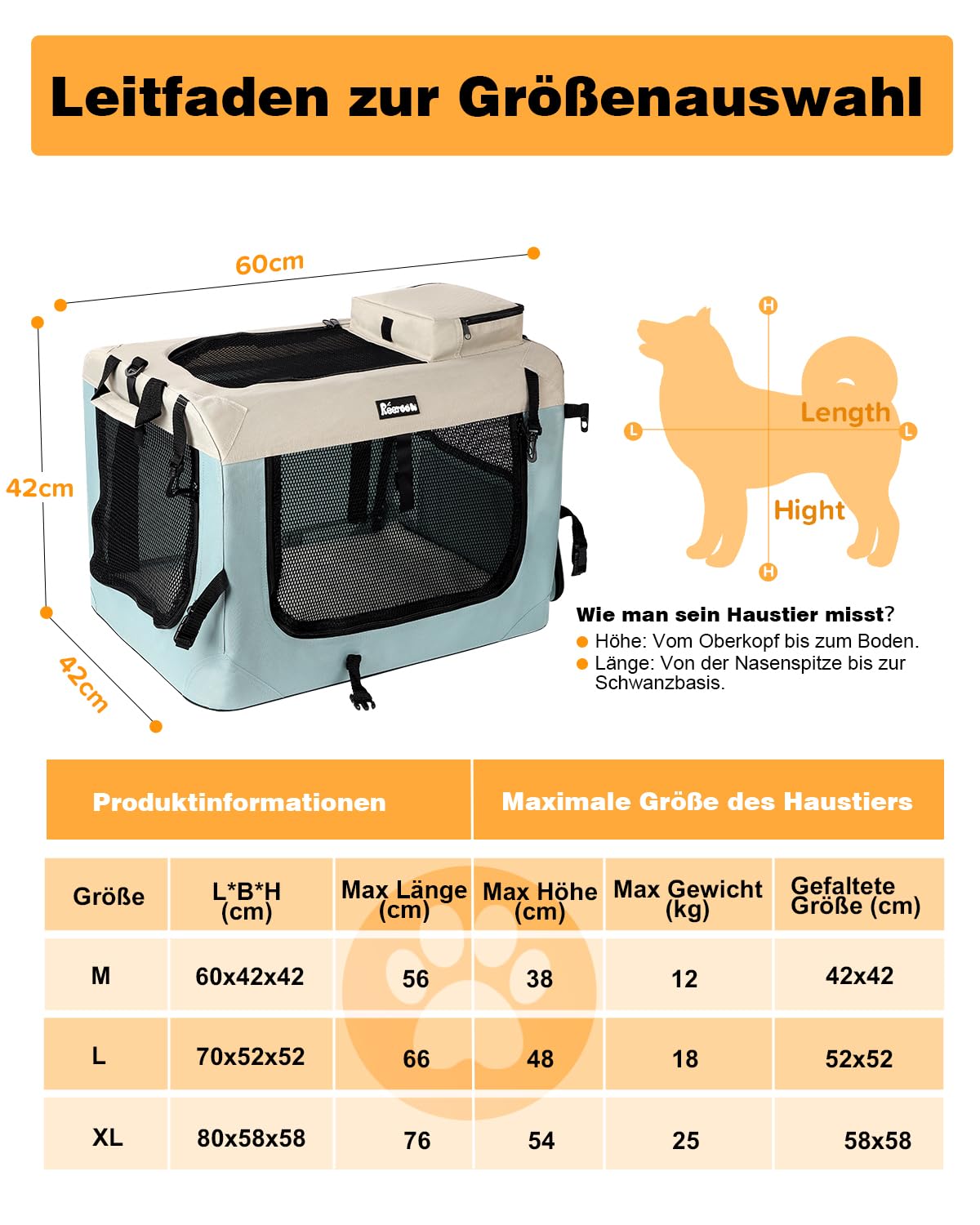 Hundebox M 60x42x42cm, Faltbar Hundetransportbox Inkl.Hundenapf, Tragbare Hundetasche für Reisen, Hunde und Katzen Auto Haustiertransportbox(M, Blau)