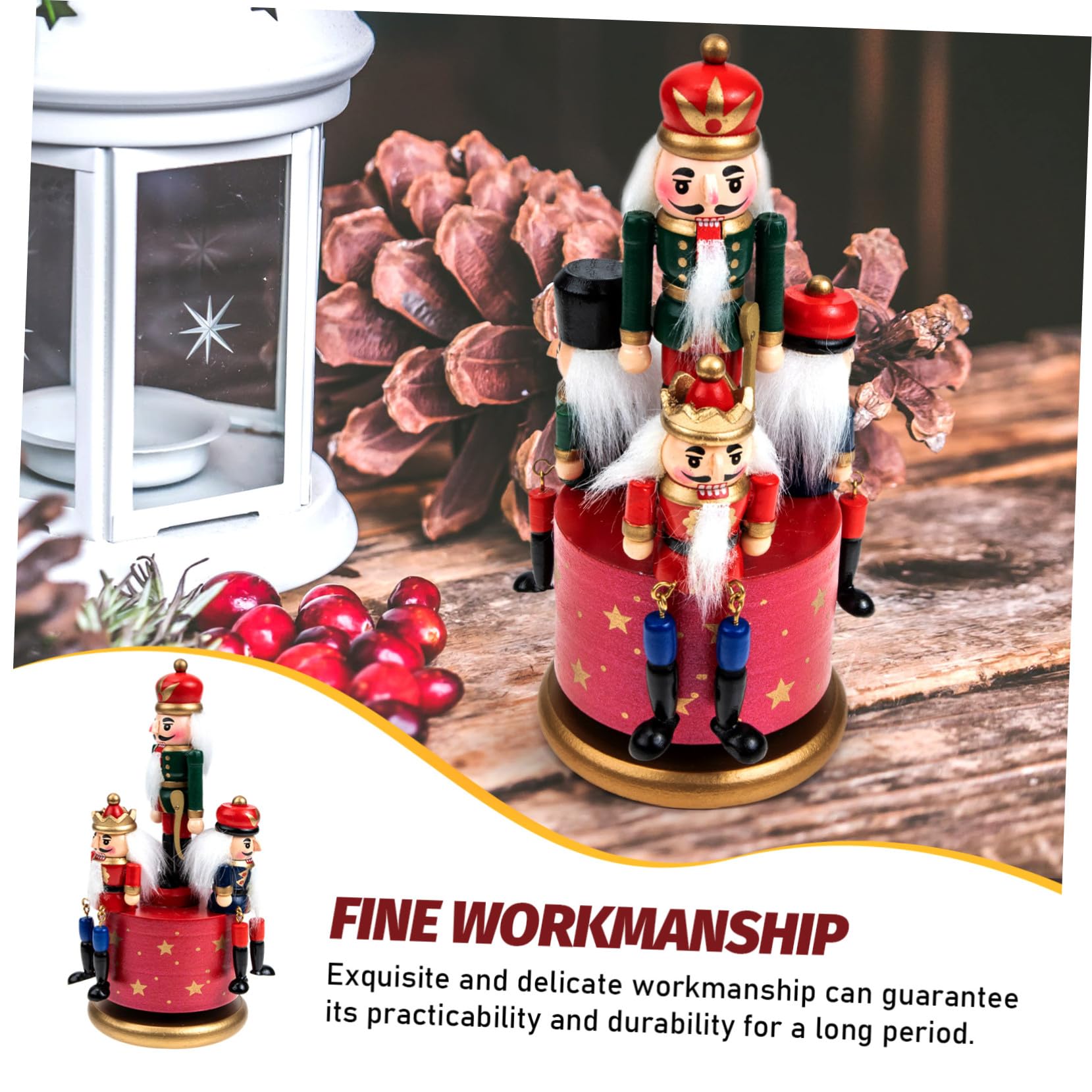 Adorno de Madera Rojo Caja Giratoria con Melodía, Decoración Navideña para Escritorio y Repisas, Estilo Simple y Artesanal