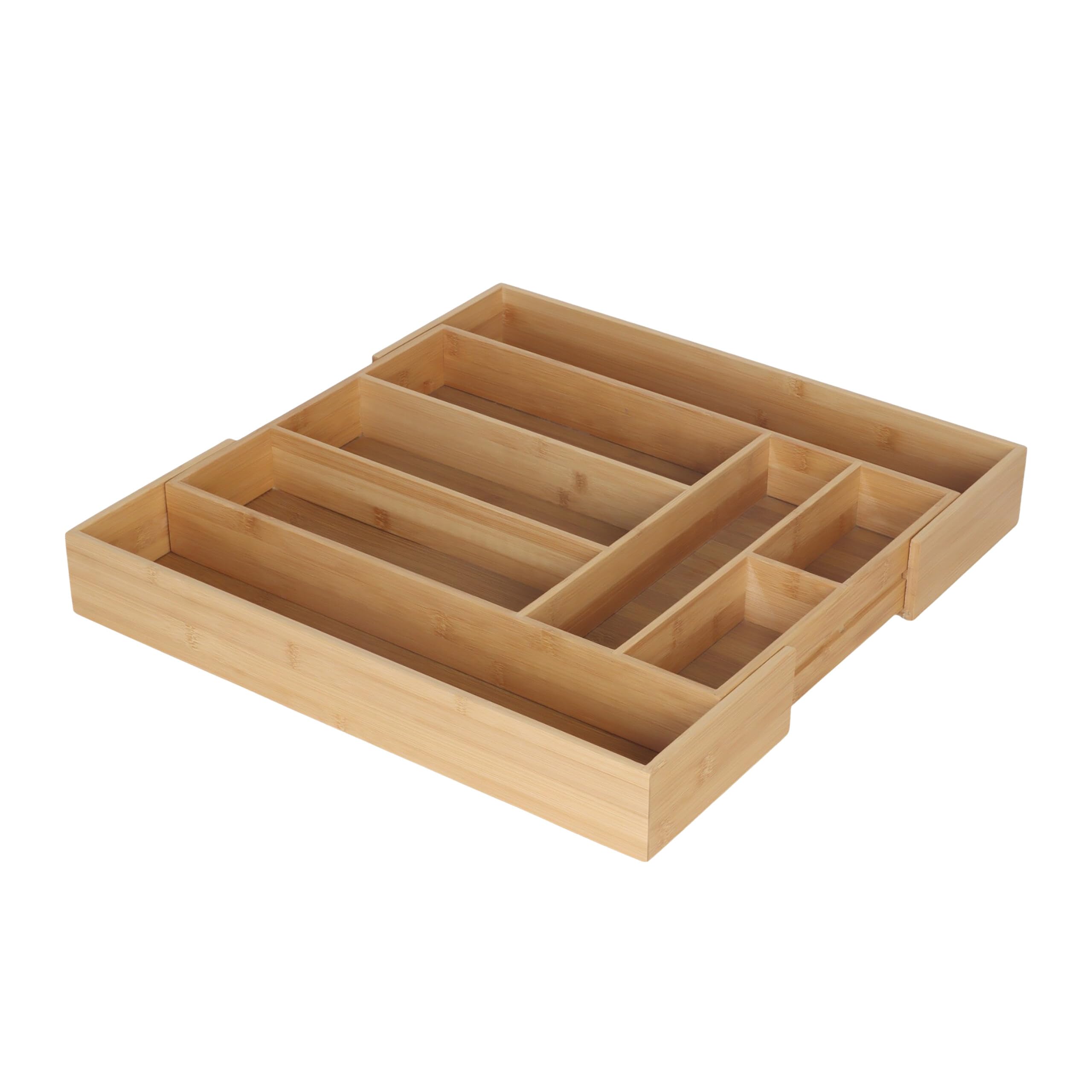 Relaxdays Expandable Cutlery Organizer, Bamboo, H x W x D 6.5 x 33-49.5 x 47.5 cm, 6-8 Compartments, Natural