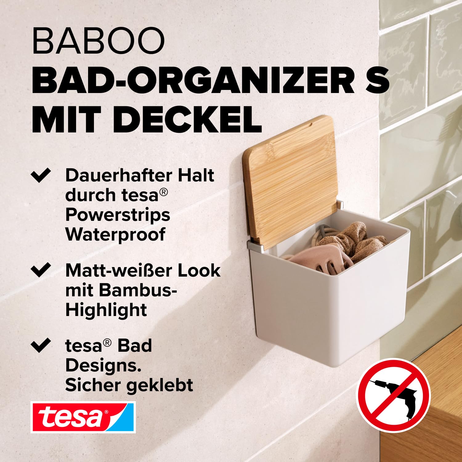 tesa Baboo Badorganizer S mit Bambus-Deckel, matt-weiß - Bad-Aufbewahrungsbox zur Wandmontage ohne Bohren, inkl Powerstrips Waterproof Strips XL - 122 mm x 110 mm x 102 mm