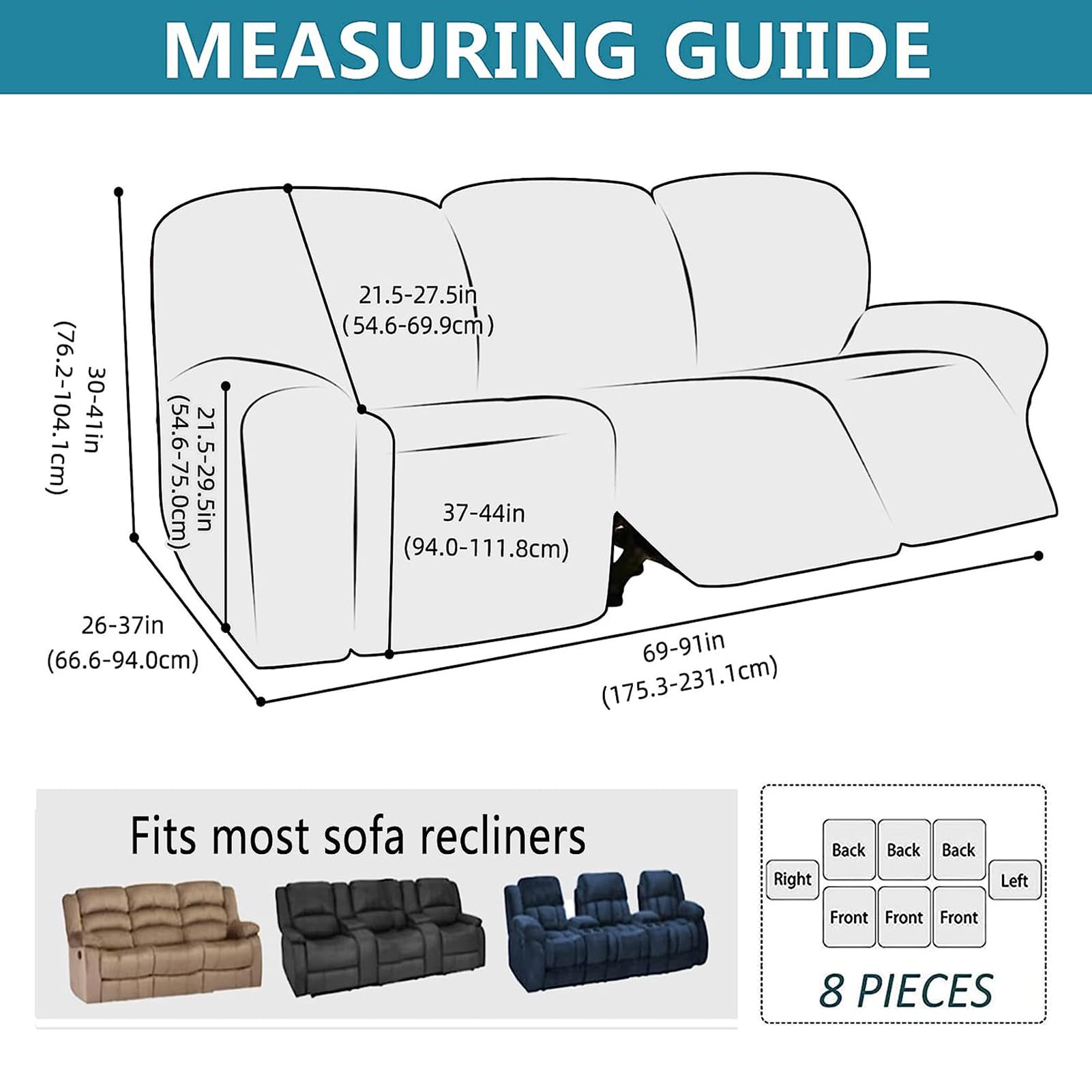 Funda de Sillón Reclinable Relax 1 2 3 Plazas Elástica Jacquard Suave Funda de Sofá con Bolsillos Laterales Protector de Muebles Cubre Sofá Antideslizante (Blanco Marfil,3 Plazas)