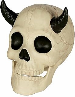 Seasons Crazy Bonez Horned Demon Skeleton Skull – 8" Life-Size Halloween Prop with Devil Horns & Moveable Jaw – Realistic All-Weather Bone Decor – Indoor/Outdoor Decoration