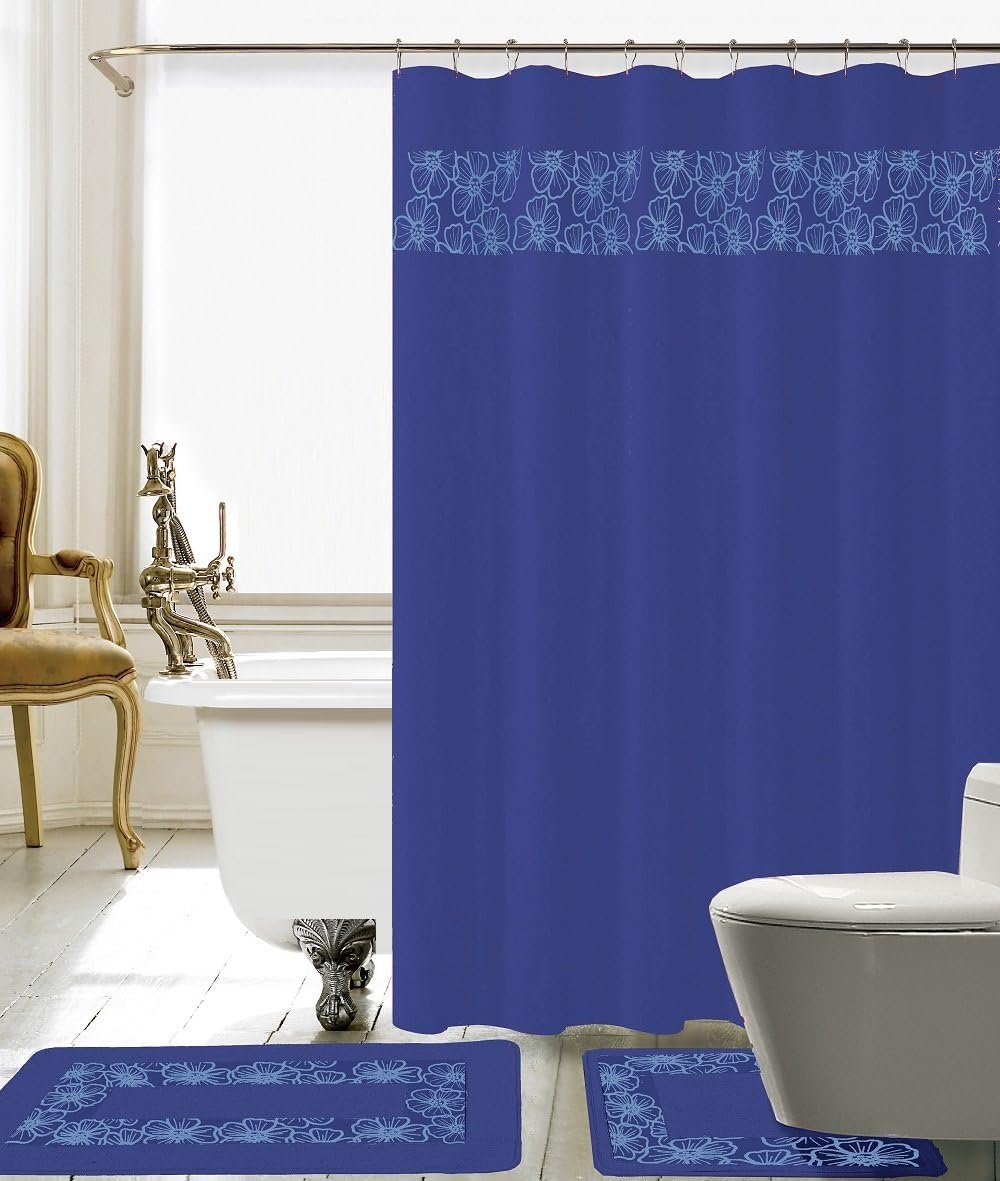 BH Home & Linen 15 Piece Embroidery Banded Shower Curtain Bath Set 1 Bath Mat 1 Contour 1 Shower Curtain 12 Metal, Sliver Roller Hooks 100% Polyester. ((L) Burgundy)