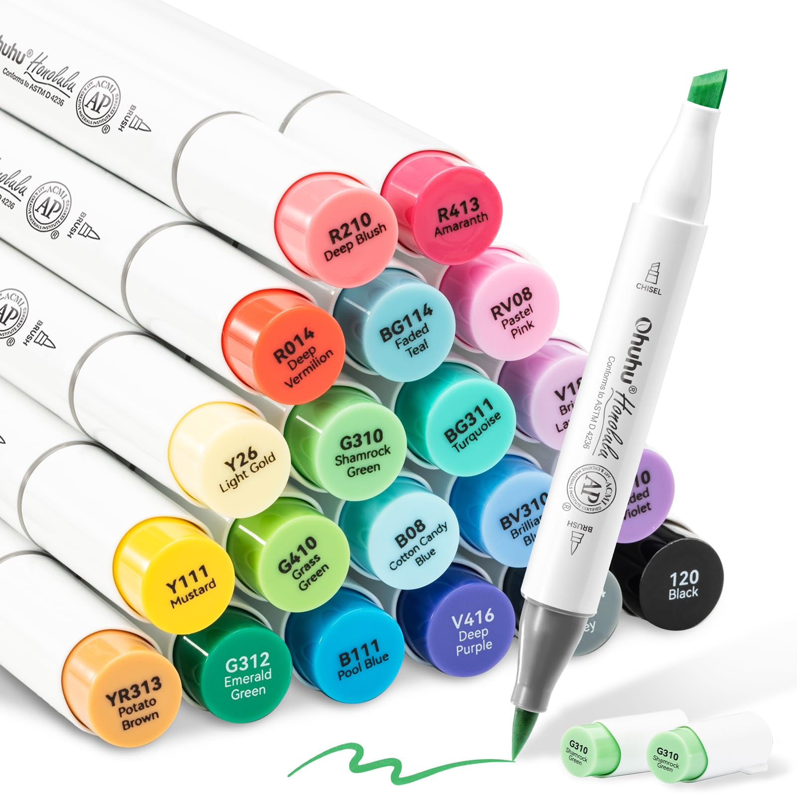 OhuhuAlcohol Markers Brush Tip - Double Tipped Alcohol Based for Beginners Artist Sketching Adult Coloring Illustration - Brush Chisel Dual Tips - 24 Basic Colors of Ohuhu Markers Honolulu