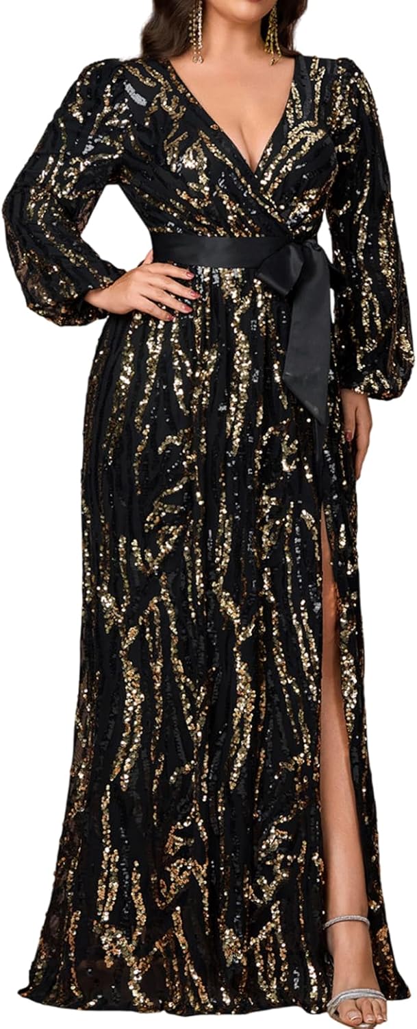 Women's Plus Sized Long-Sleeved Sequined Dress V-Neck Design high Slit Oversized Skirt Formal Ball Gown Party Evening Dress