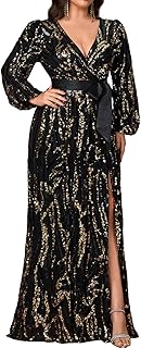 Women's Plus Sized Long-Sleeved Sequined Dress V-Neck Design high Slit O...