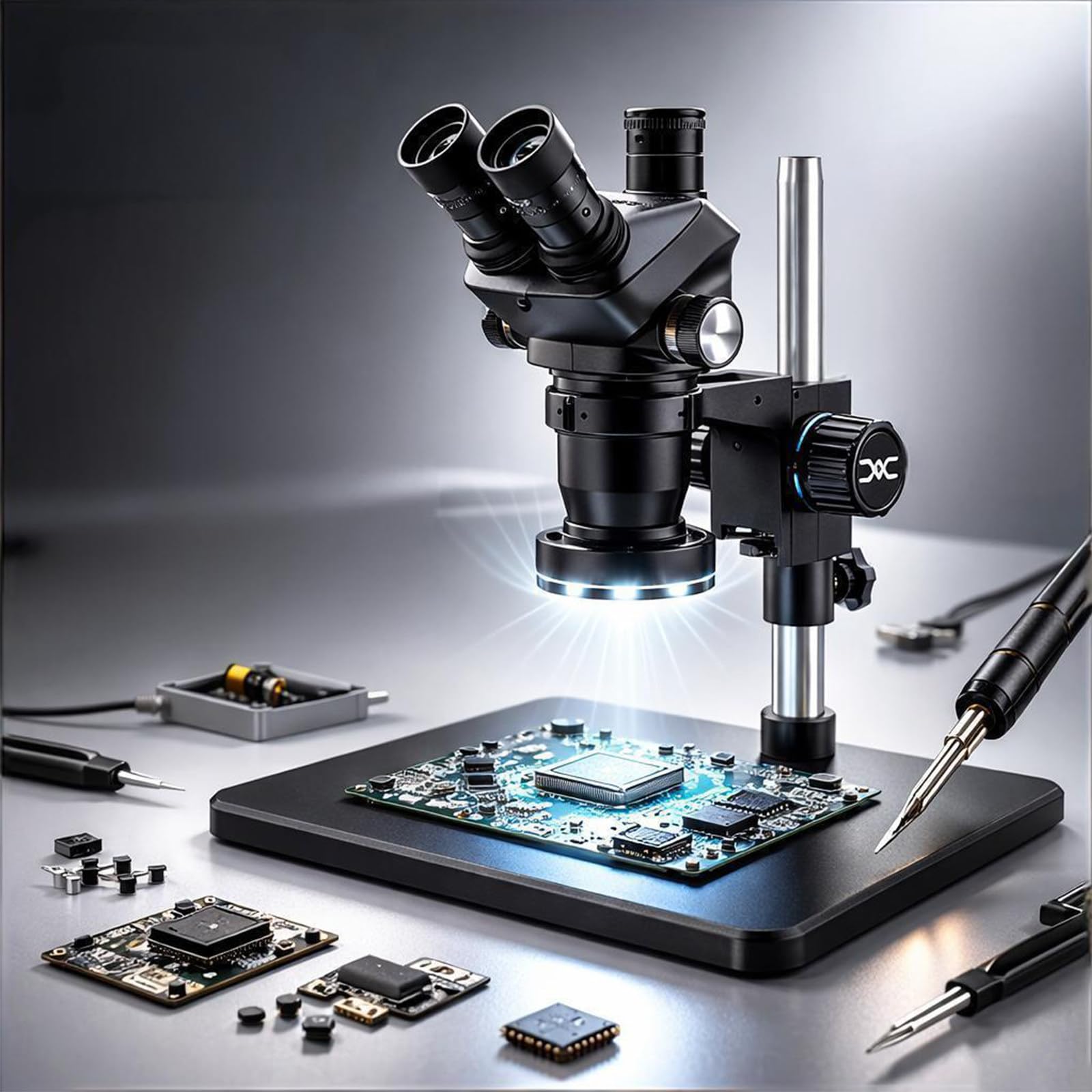 Stereo-Mikroskop, Trinokular-Design, 6,5-fache Vergrößerung, PL10X/24-Weitfeld-Okulare, ideal für Elektronik-Reparatur