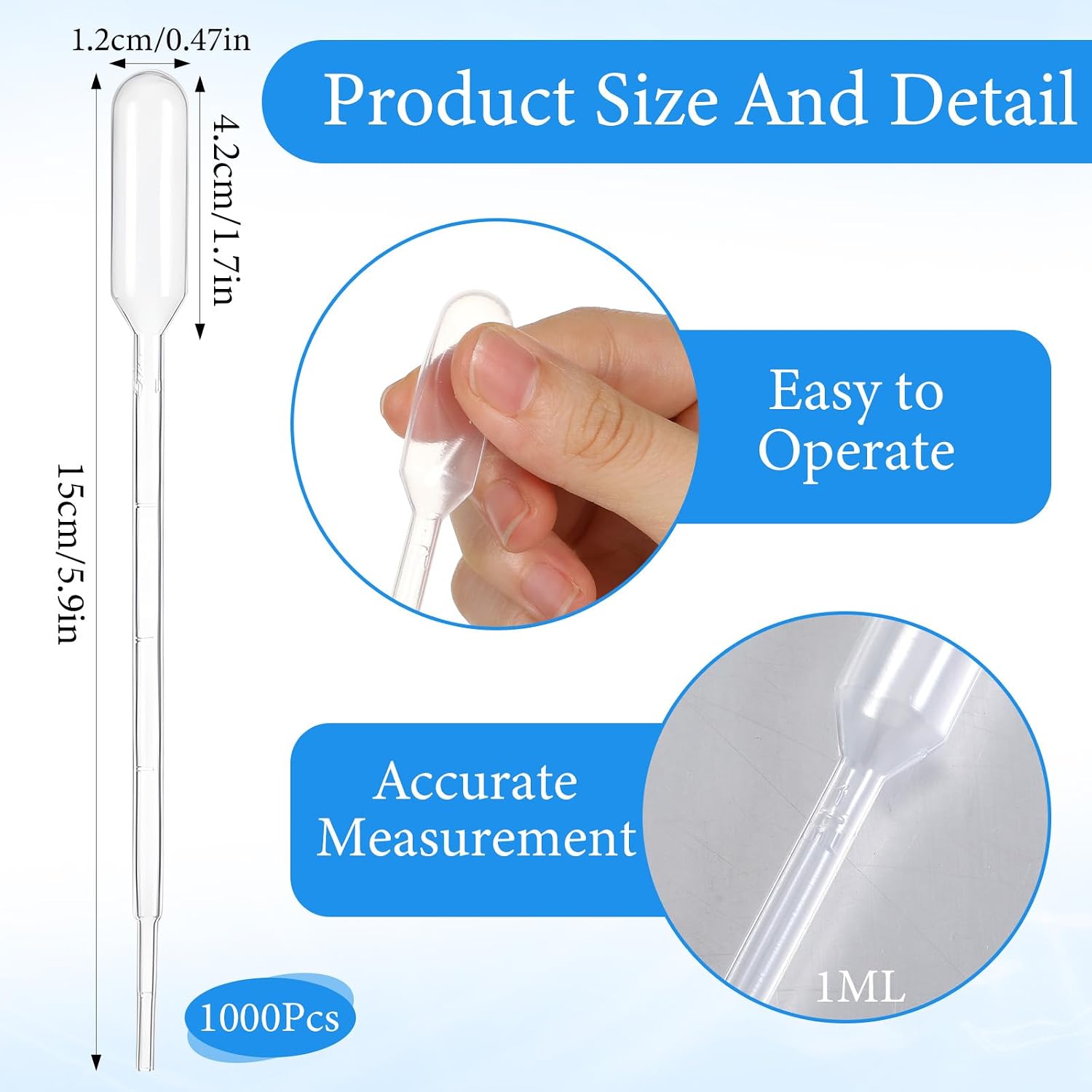 1000 Pcs 1ml Disposable Plastic Transfer Pipettes, Clear Graduated Eye Dropper for Essential Oils, Home Use, Science Class, Lab Experiments, Make up Tool