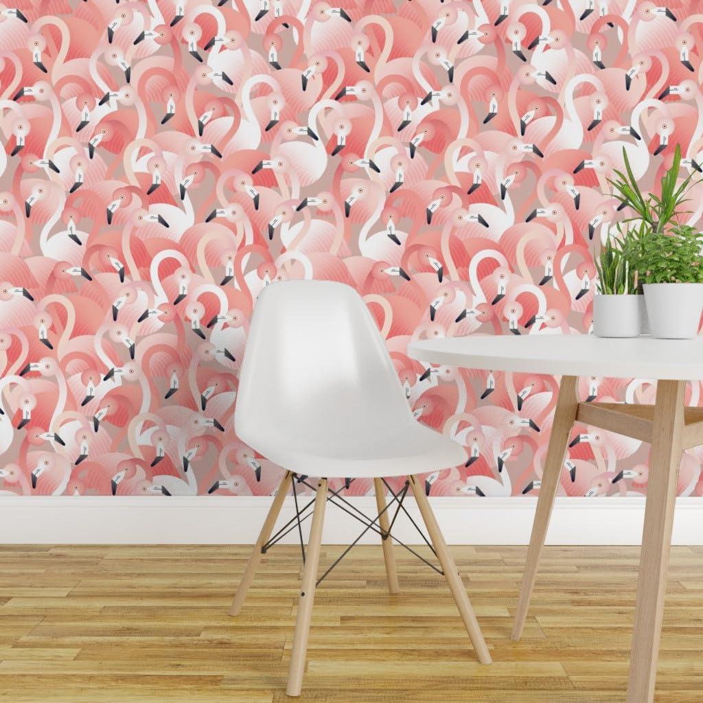 Spoonflower Removable Wallpaper 3ft x 2ft - Flamingos Pink Birds Animals Taupe Tropical Custom Pre-Pasted Wallpaper