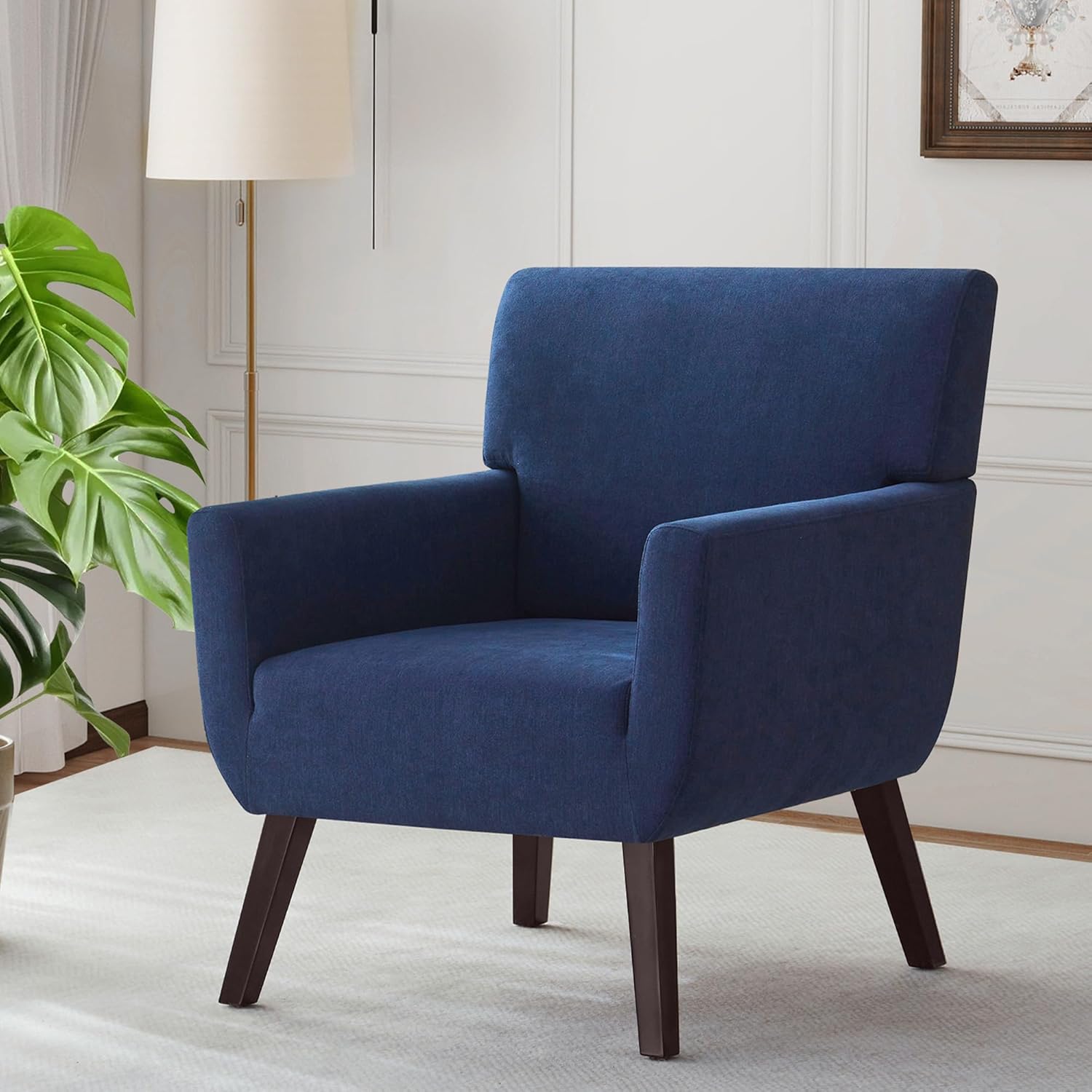 Upholstered Accent Chair,Mid Century Modern Office Fabric Small Living Room Chair with Arm,Comfy Wingback Armchair for Bedroom Reading Dark Blue