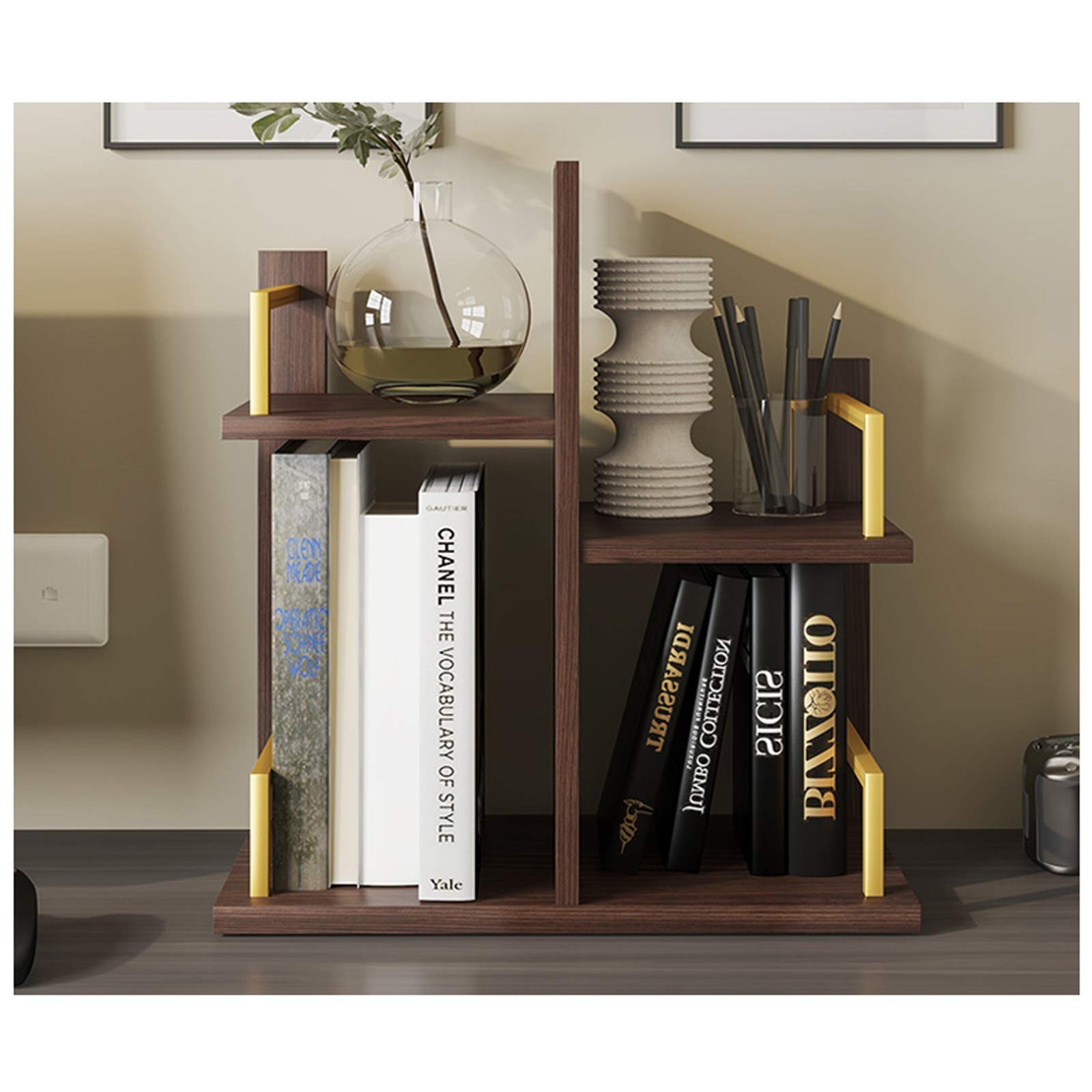Biuro Bookshelf Półka na biurko z regulowaną półką po lewej i prawej stronie biurko wyświetlacz na biurko do materiałów biurowych, kuchni, łazienki, makijażu domowego