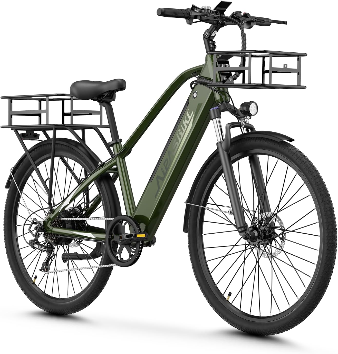 Aipas Electric Bike for Adults with 1100W Motor Peak, 48V 12.8Ah Battery, Max 62 Miles 28MPH, 26" Electric Commuter Bike with 7-Speed and Suspension System