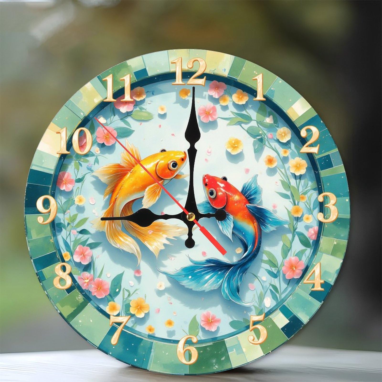Pendule murale poisson rouge koi de 25cm avec grands chiffres pour salon