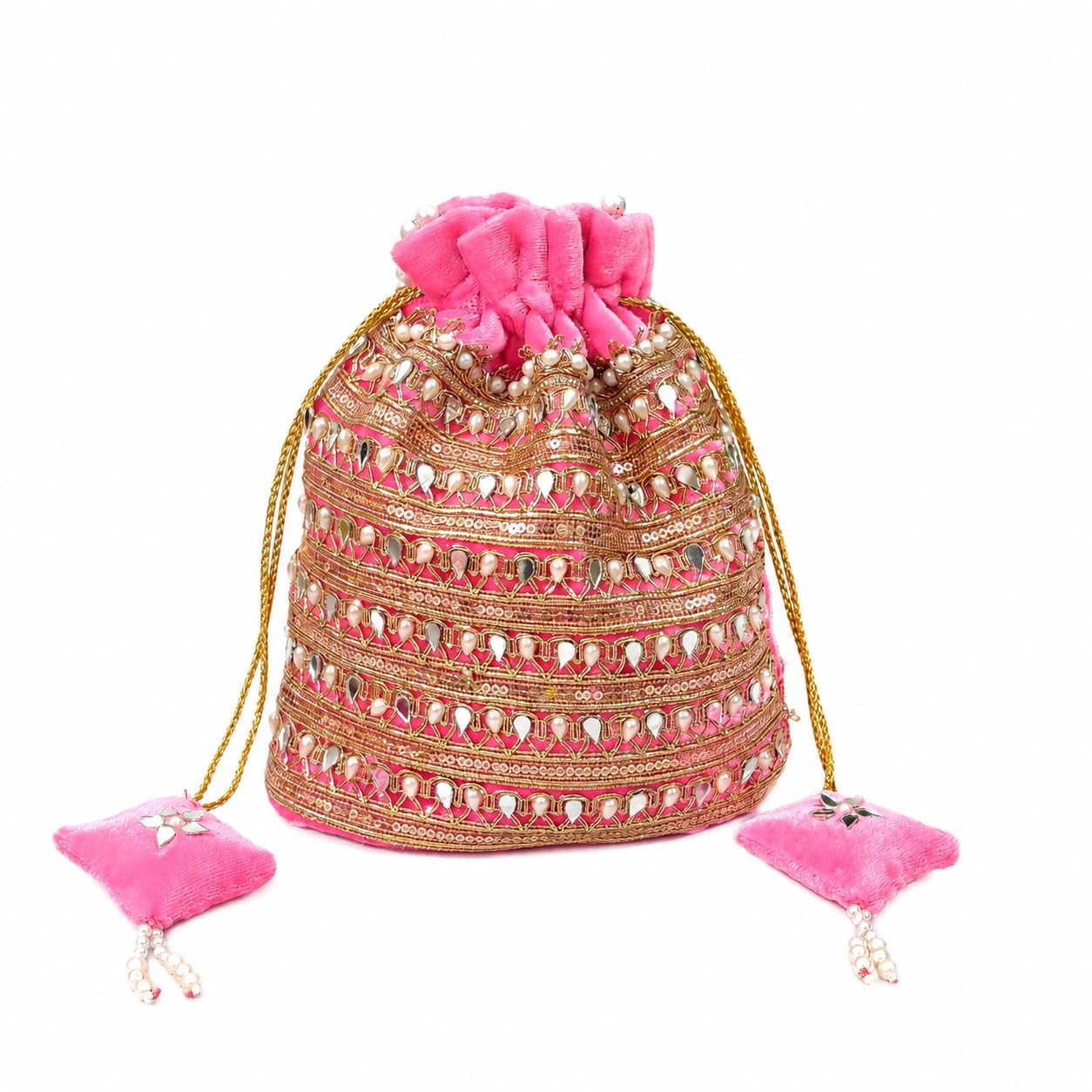 Handmade Pink Potli Bag with Mirror Work & Pearl Embellishments-image-26