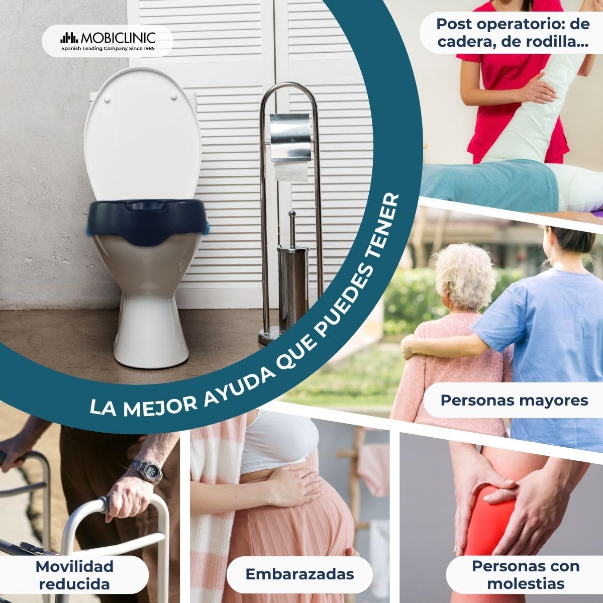 Mobiclinic, Elevador wc, Blando. río, 11 cm, Marca española, Adulto, Alza, Ajustable, Blando cómodo, Fácil instalación sin herramientas, Azul