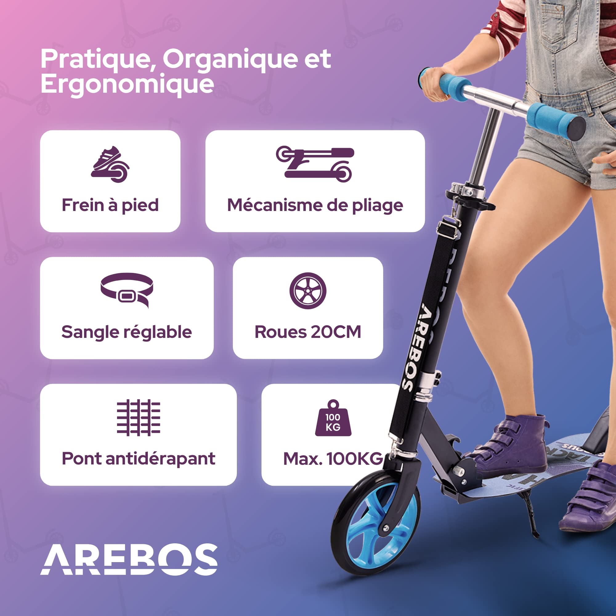 Arebos Trottinette Cityroller Scooter réglable en Hauteur | Pliable | Roues LED-XXL | Frein de Marche | pour Enfants | jusqu'à 40 kg de Charge | Trottinette | Kickscooter
