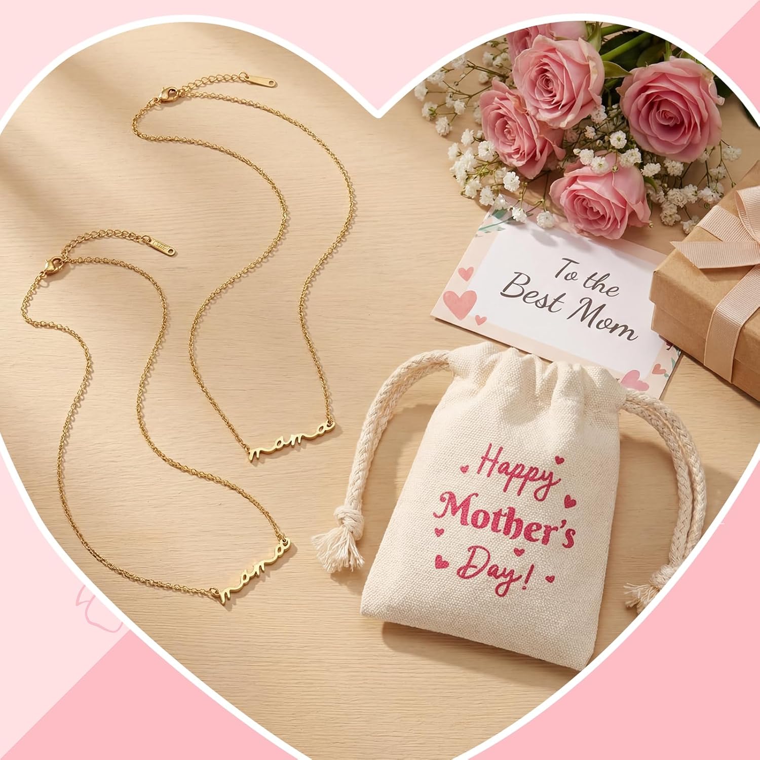 Yinkin 12 Pcs Mom Necklace Bulk Mother Day Church Gifts Mama Pendant Necklace with Drawstring Canvas Bags Jewelry for Women Wife