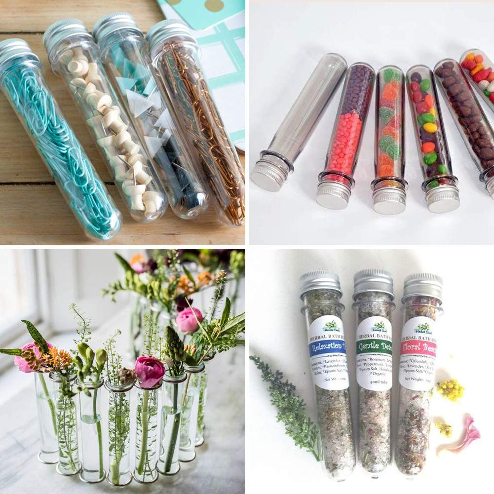 BTSD-home 25x140mm(40ml) Plastic Test Tubes with Screw Caps for Gumball Candy Storage, Bath Salt Vials, Hot Cocoa Containers, Bridal Shower, Baby Shower, Wedding, Kids Birthday Party Favors(30 Pack)