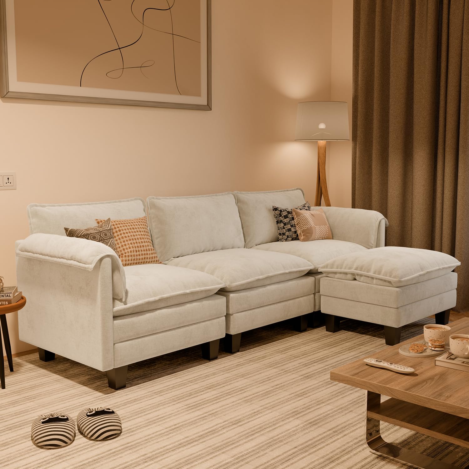 ELUCHANG Sofá Nube Modular 256cm con 2 Pufs, Sofá en Forma de U de 3 Plazas, Asiento Profundo 62cm, Montaje sin Herramientas, Sofá de Chenilla para Salón, Beige