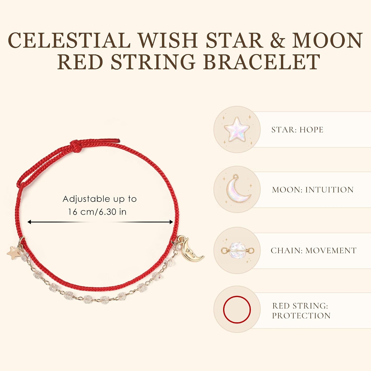 Celestial Star and Moon Bracelet, 14K Gold Filled Double Layer Handwoven Red String Bracelet for Women, Minimalist Adjustable Jewelry Gift