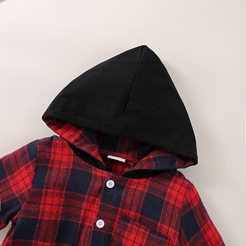 Miniatura 5 de Ropa para bebés y niños pequeños, conjuntos de otoño e invierno, con botones, camisa a cuadros con capucha y pantalones