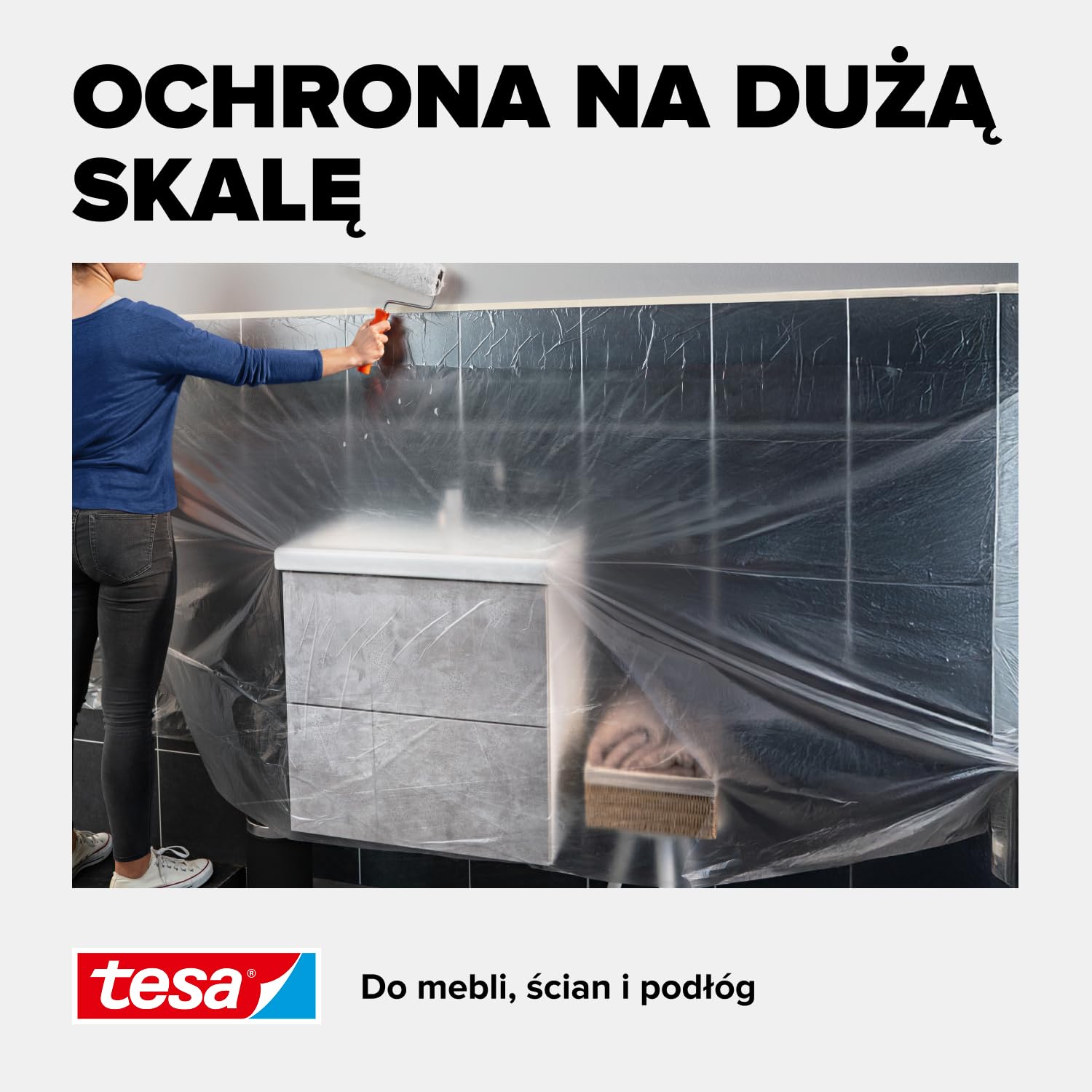 tesa Easy Cover UNIVERSAL folia malarska 2w1 - ochronna folia malarska oraz taśma maskująca zabezpieczająca krawędzie - 17m x 2,60m