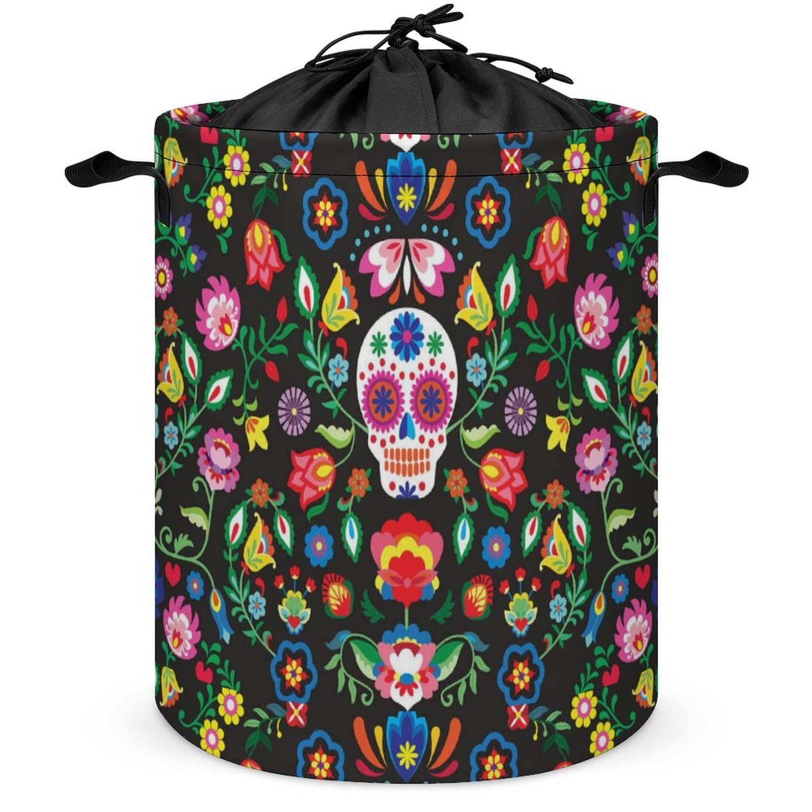 Wlntrophic Drawstring Laundry Hamper, Mexican Sugar Skulls Laundry Basket, Washing Basket with Handle