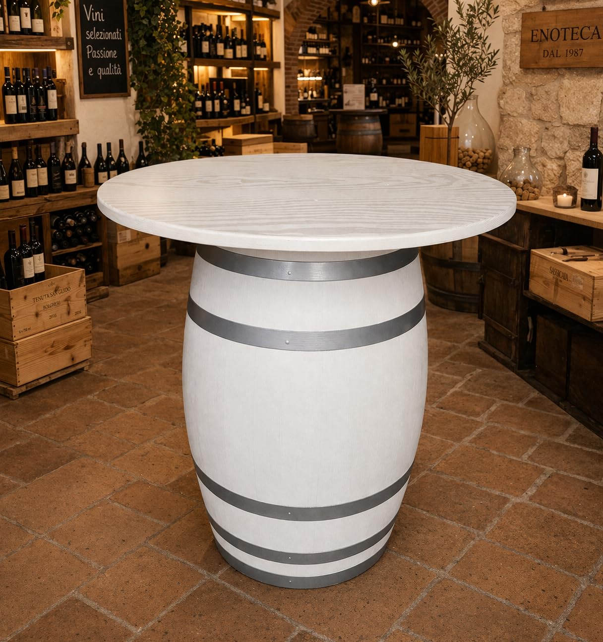 Botte Tavolo da 100 Verniciato bianco con i cerchi argentati, Altezza 85 cm, Diametro 80 cm