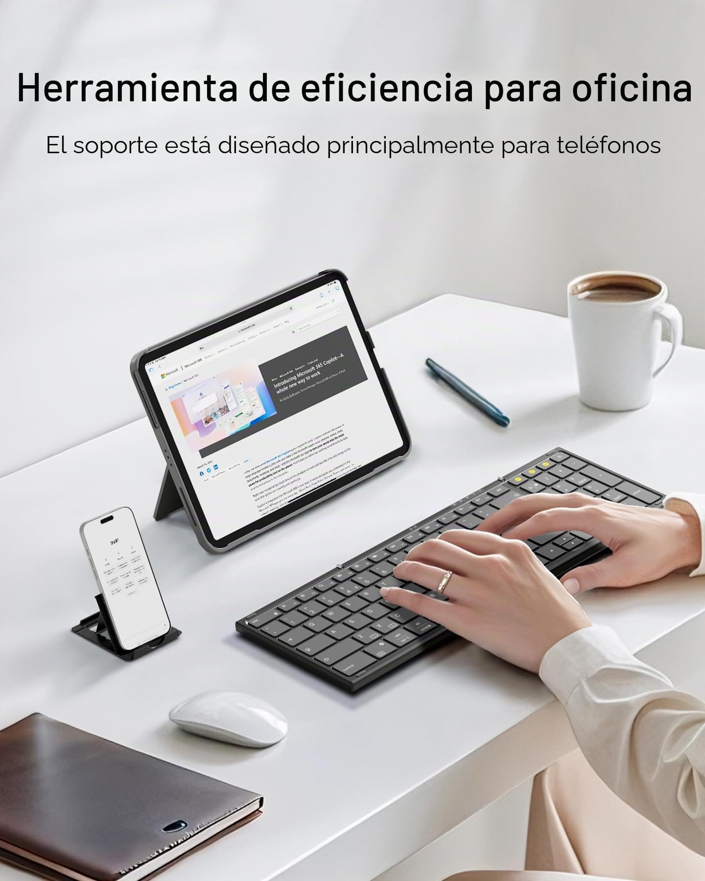 Inateck Teclado inalámbrico plegable con teclado numérico, funciones de IA | Diseño portátil para iPad/iPhone/Android/Windows/tabletas, con soporte (negro)