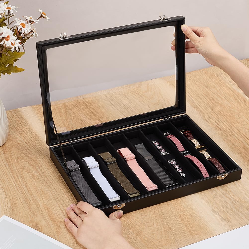 PH PandaHall 8 Slot Organizer di Cinturini per Orologio in Legno Scatola Porta Cinturini Orologi Nero con Finestra Trasparente Espositivo per Orologi per Riporre Gioielli