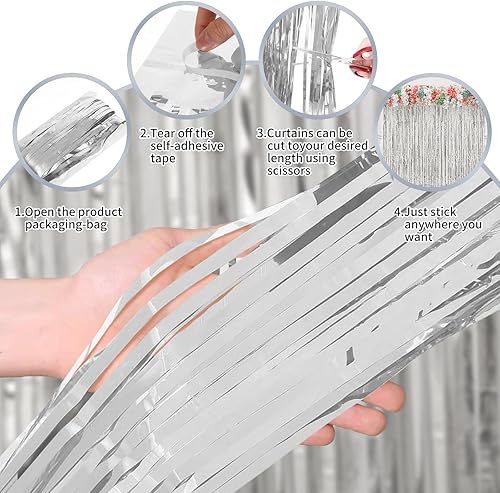 Miniatura 2 de Paquete de 3 cortinas de flecos metálicos plateados de 3.2 x 8.2 pies, serpentinas de oropel, decoraciones de despedida de soltera, decoraciones de