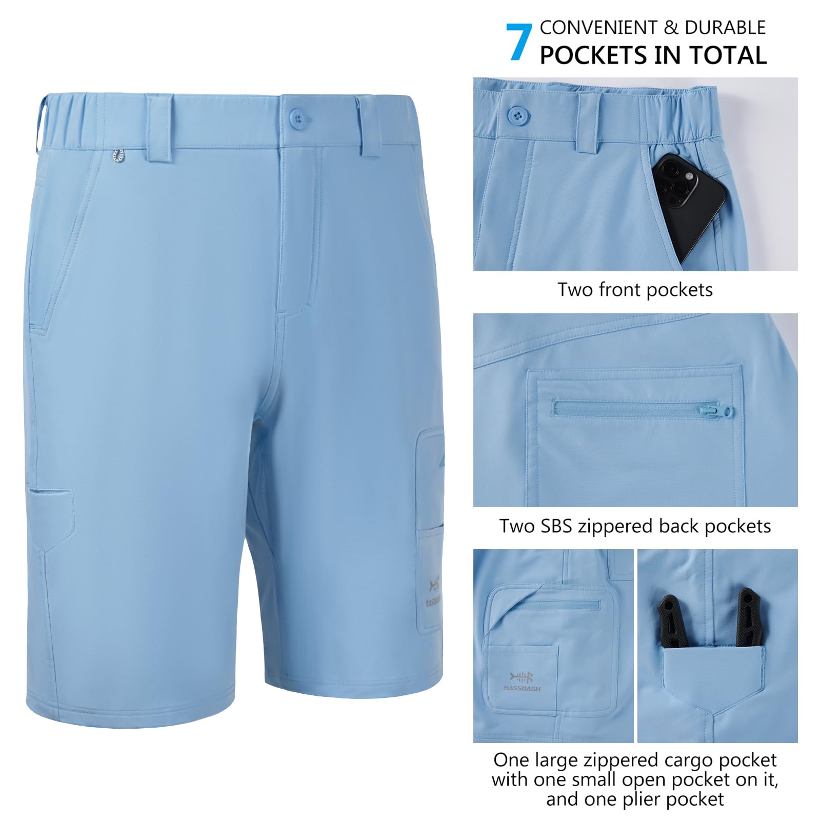 Bassdash FP01M Short Cargo de pêche pour Homme 10,5" à séchage Rapide UPF 50+ résistant à l'eau
