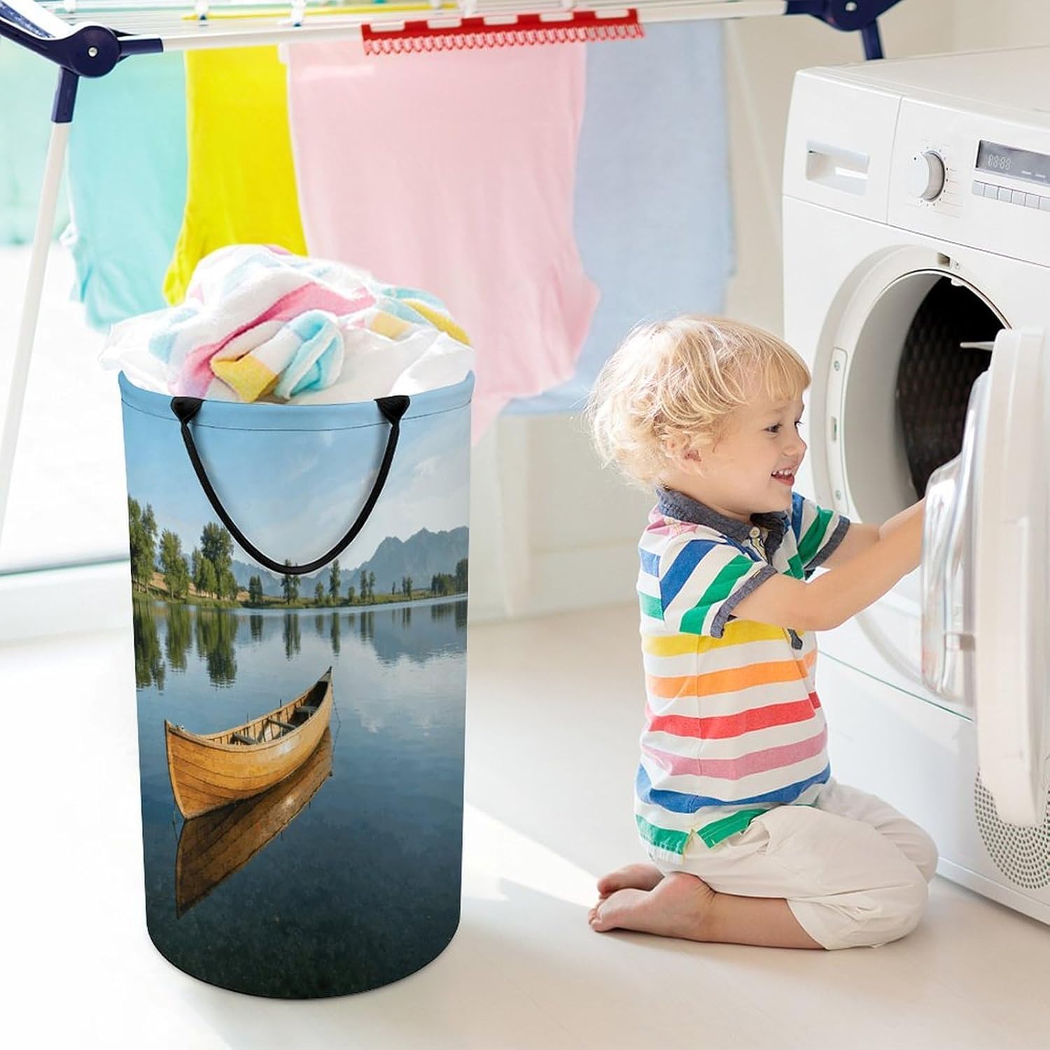 Canoe Lake Laundry Hamper 86L Waterproof Collapsible Clothes Basket with Double Handles Freestanding Foldable Laundry Basket Large Clothes Hamper for Bathroom