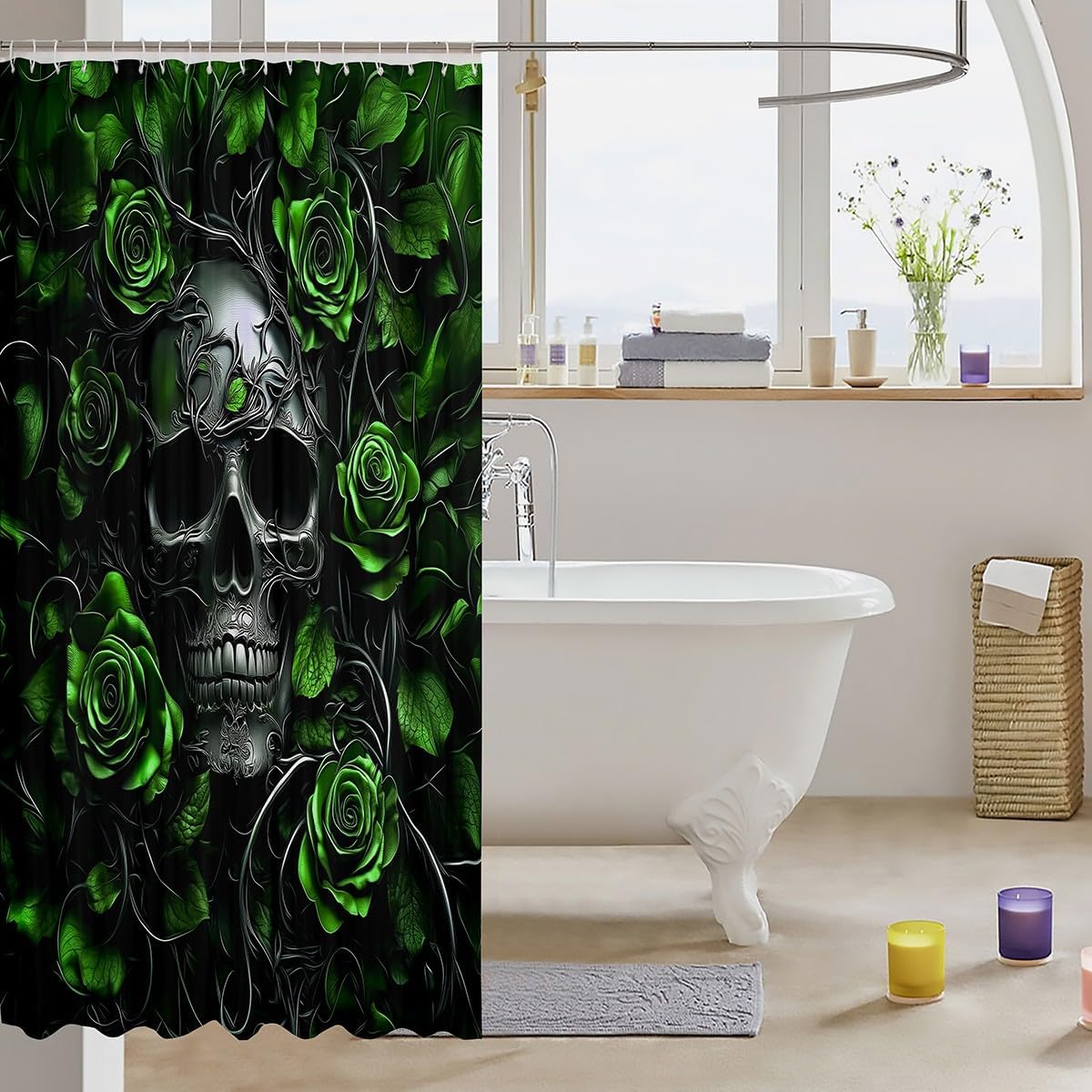 Erosebridal Sugar Skull Shower Curtain,Green Rose Floral Bathroom Shower Curtain Sets for Kids Boys,Gothic Skeleton Fabric Shower Curtain,Exothic Hippie Horror Waterproof Bathroom Curtains,72" Wx78 L