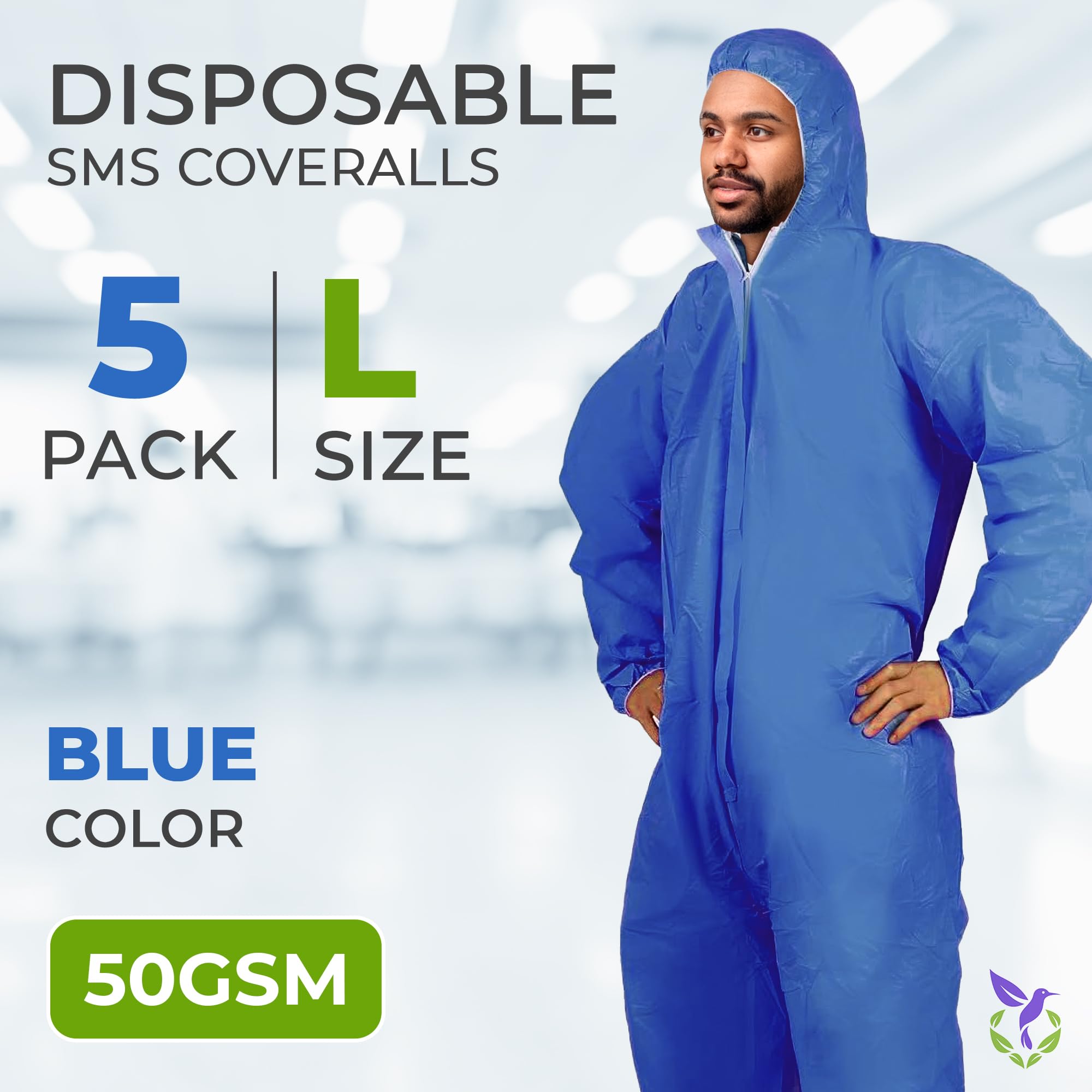 AMZ Medical Supply Disposable Coveralls, Large. Pack of 5 Blue