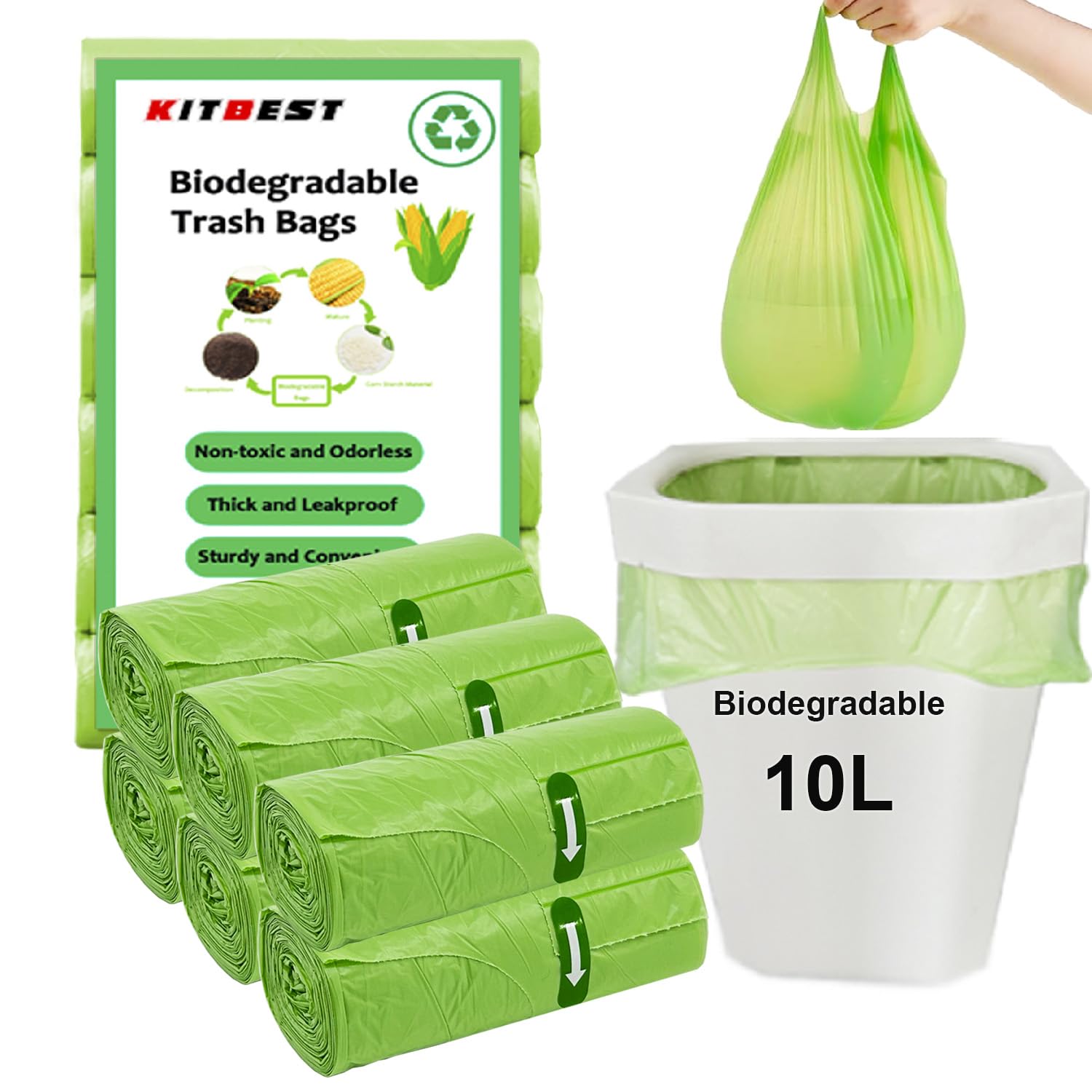 120 bolsas de basura biodegradables de 10L, KITBEST, pequeñas bolsas para residuos de alimentos con asa, compostables, verdes, con pedal, para baño, oficina, aseo y cocina (45 x 59cm)